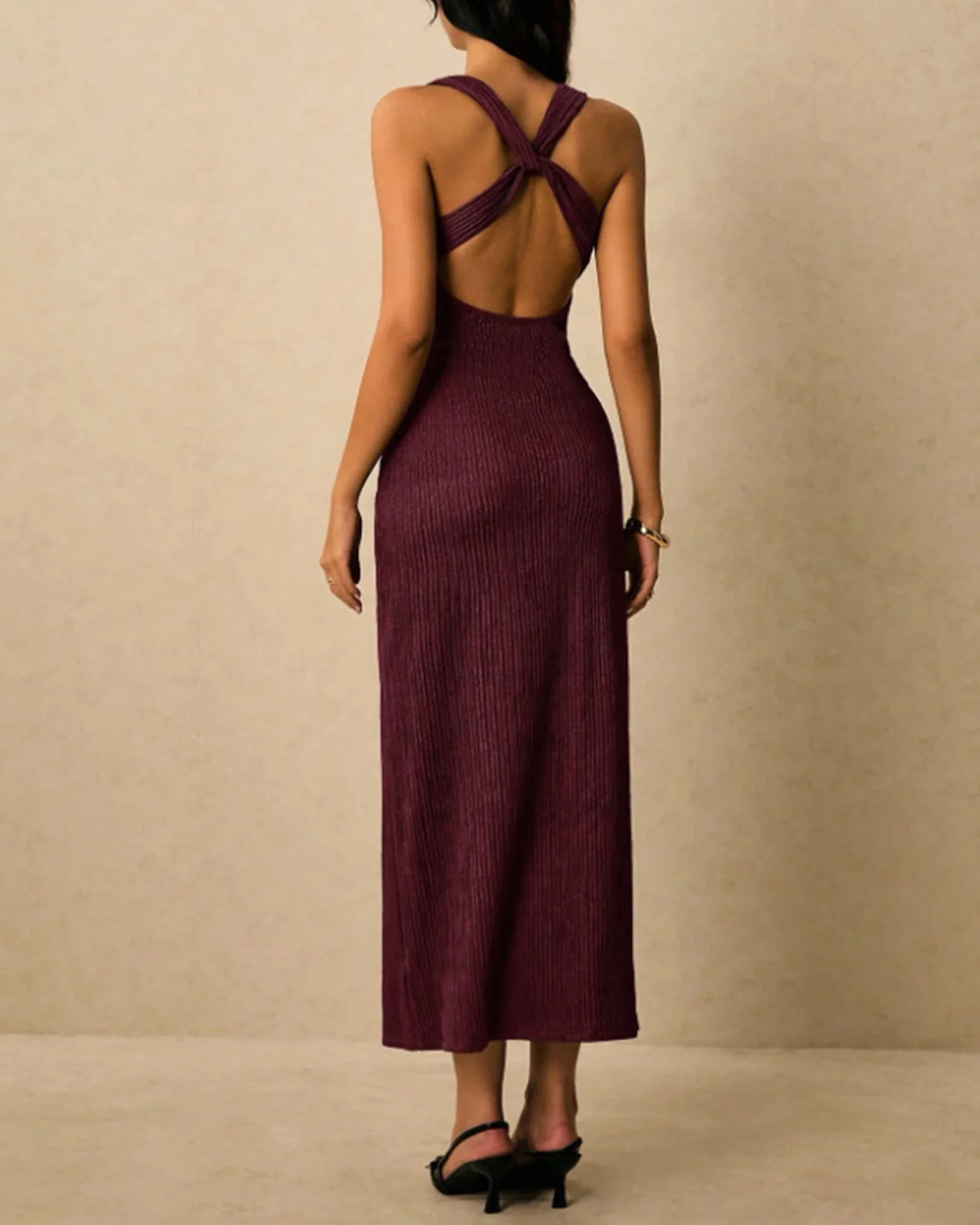 Wine Red V Neck X Cross Maxi Dress - Image 3