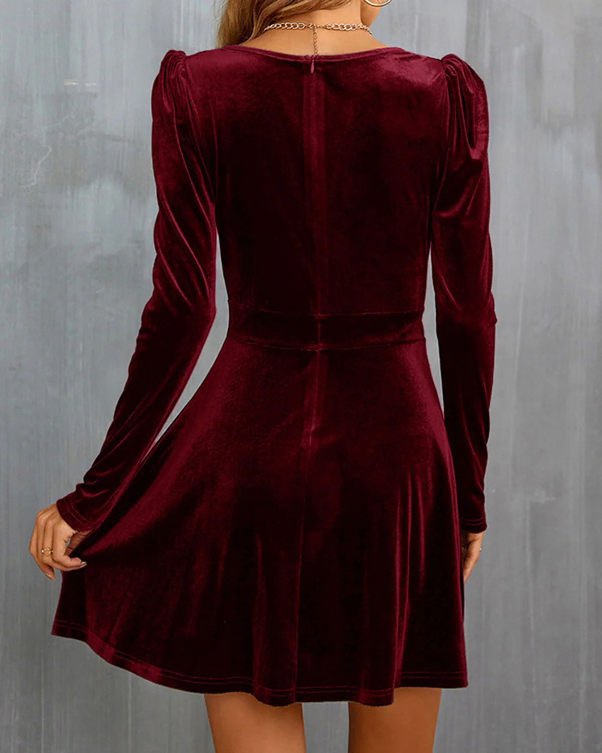 Wine Red Velour A-Line Mini Dress - Image 2