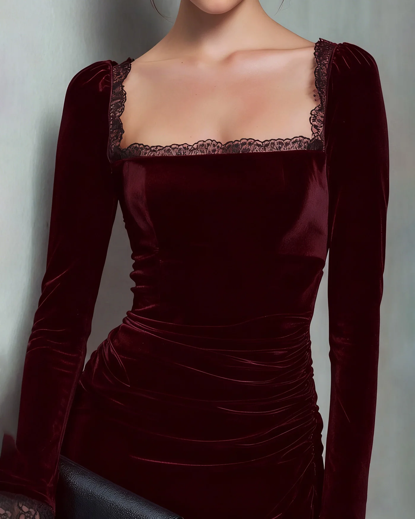 Wine Red Velour Square Neck Mini Dress - Image 3