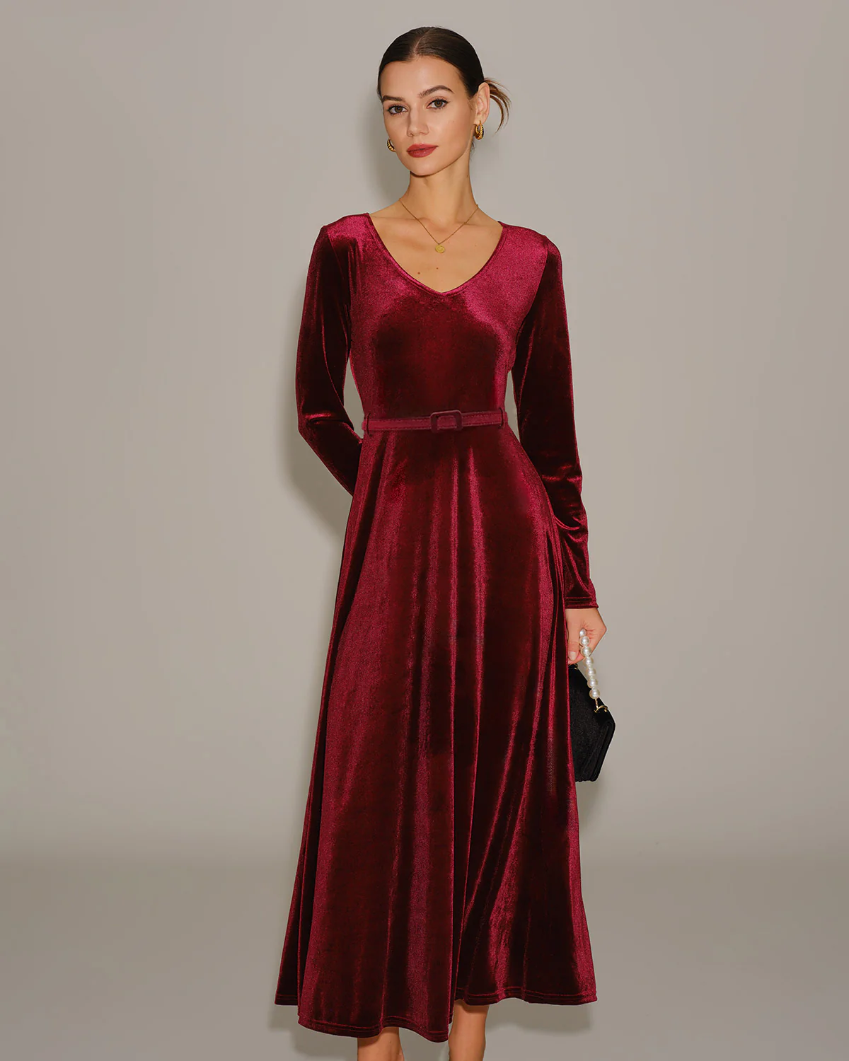 Wine Red Velour V Neck Maxi Dress - Image 3