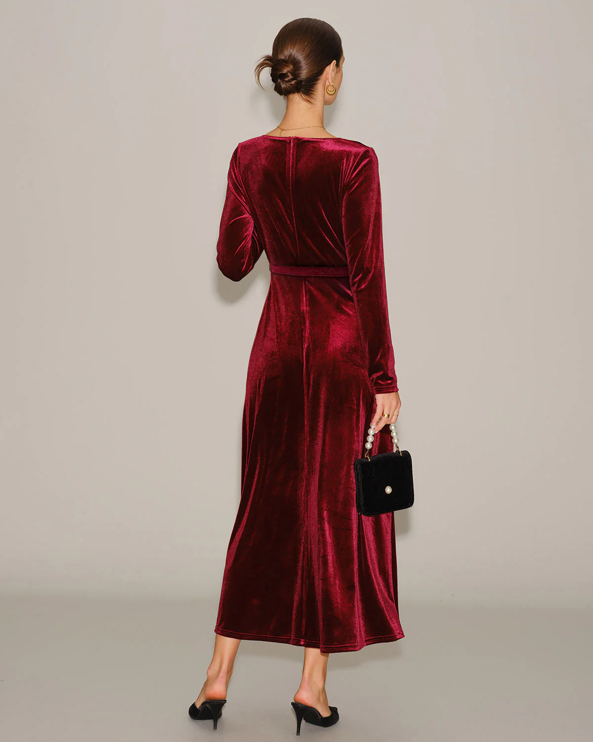 Wine Red Velour V Neck Maxi Dress - Image 4