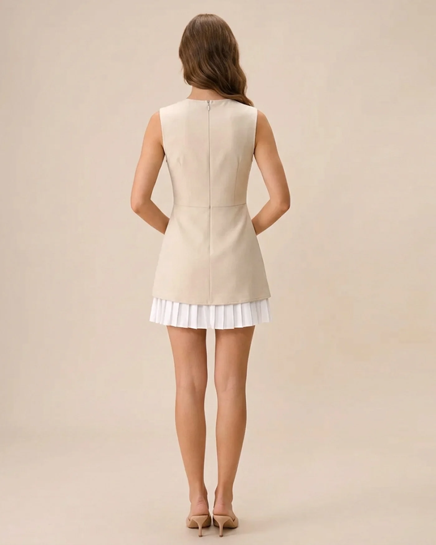 Women's Apricot Splicing Pleated Mini Dress - Image 3