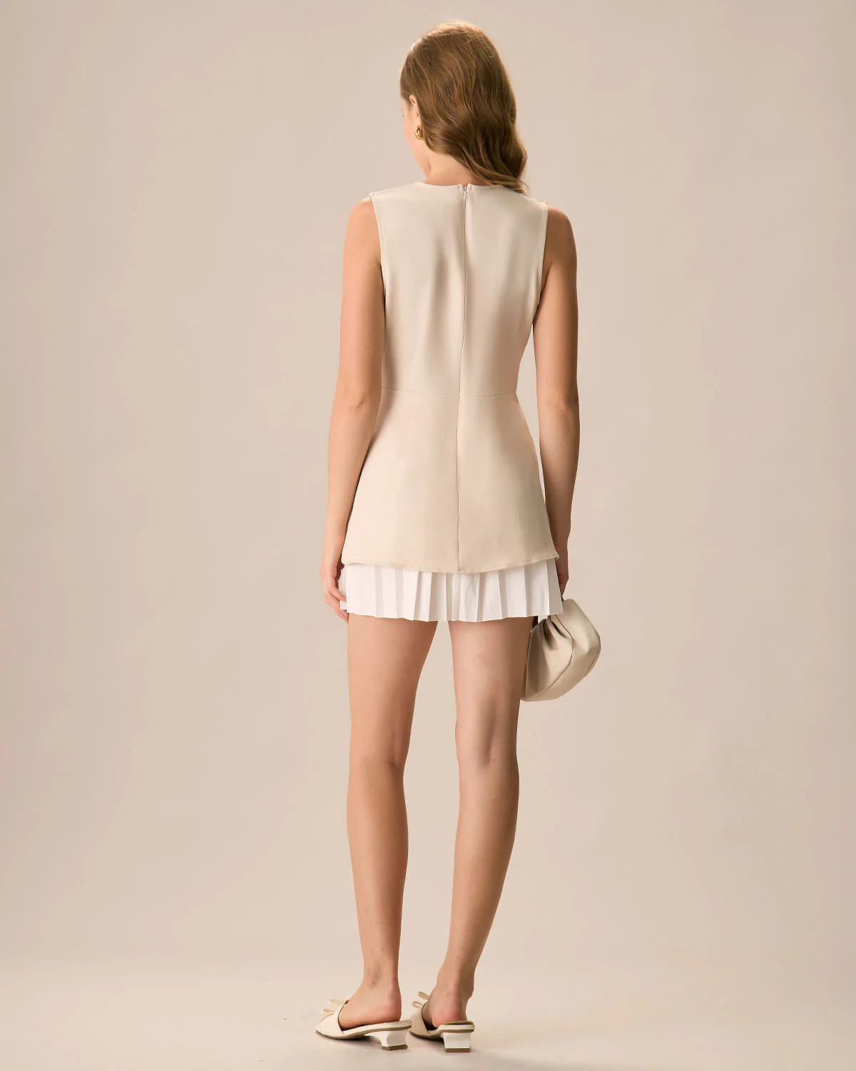Women's Apricot Splicing Pleated Mini Dress - Image 7
