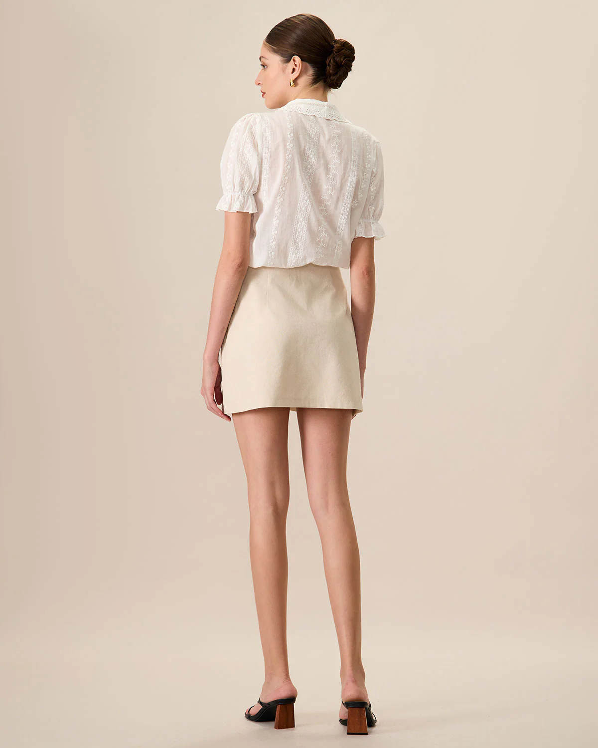 Women's Beige High-Waisted Cotton Button Mini Skirt - Image 4