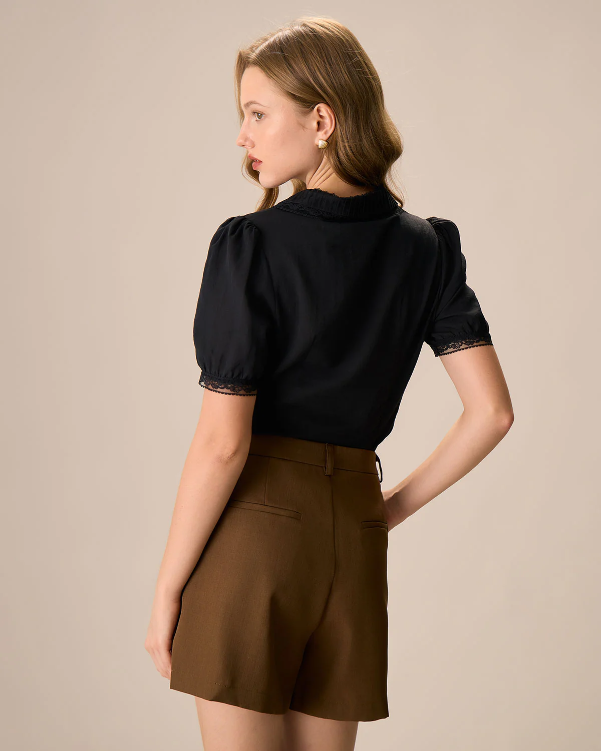 Women's Black Chelsea Collar Lace Trim Cotton Blouse - Image 4