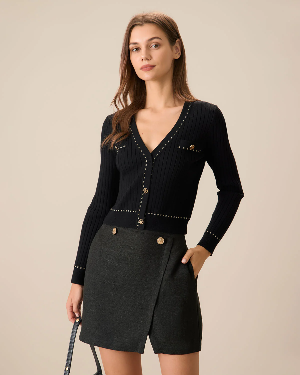Black Contrasting Single-Breasted Cardigan - Image 3