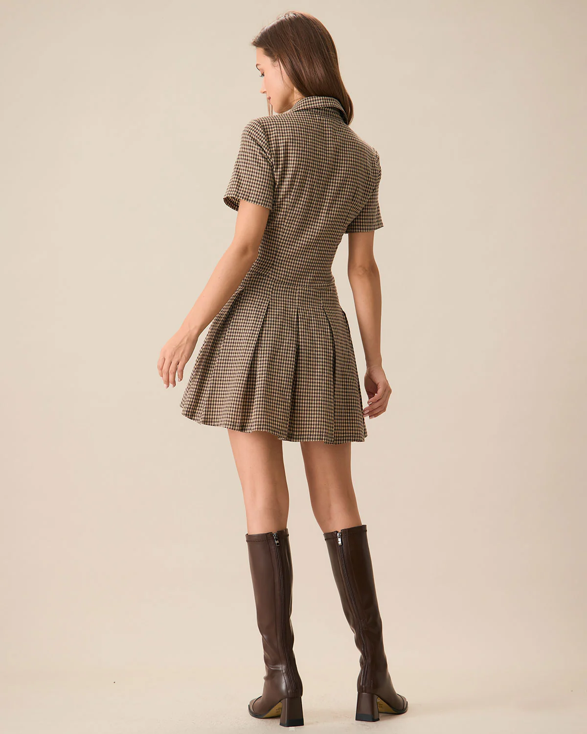 Brown Plaid Lapel Pleated Mini Dress - Image 4