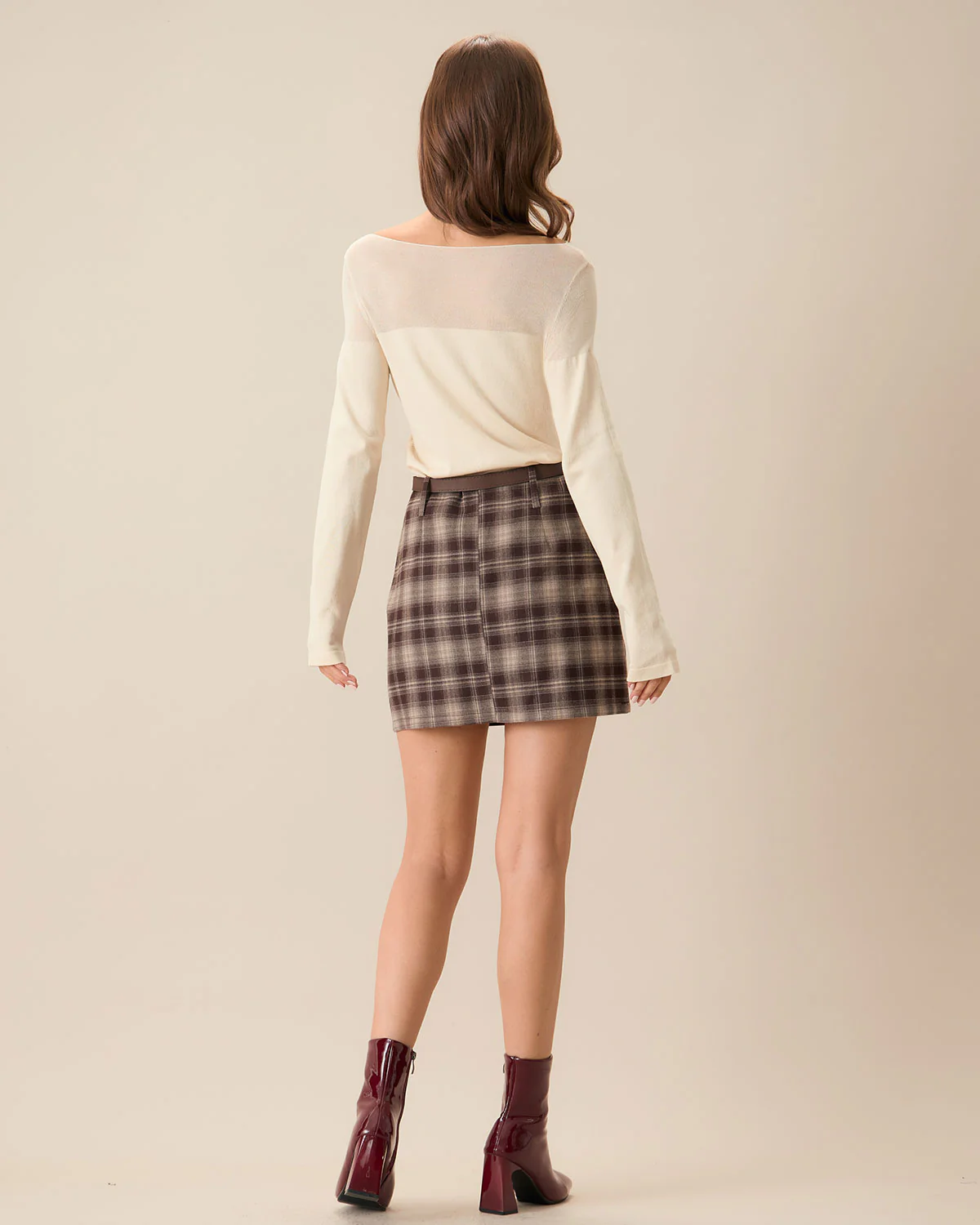 Brown Plaid Straight Mini Skirt - Image 4