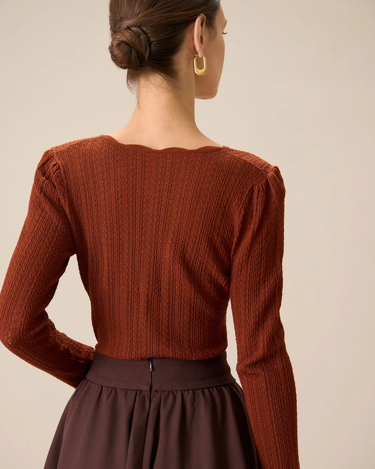 Women's Brown Round Neck Slim Sweater - Image 3