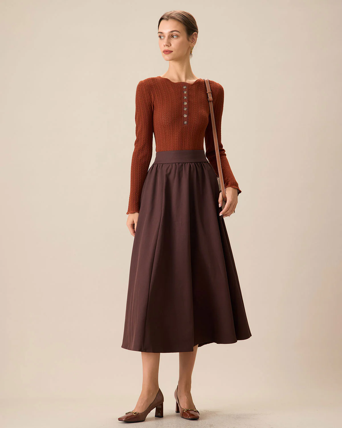 Women's Brown Round Neck Slim Sweater - Image 4