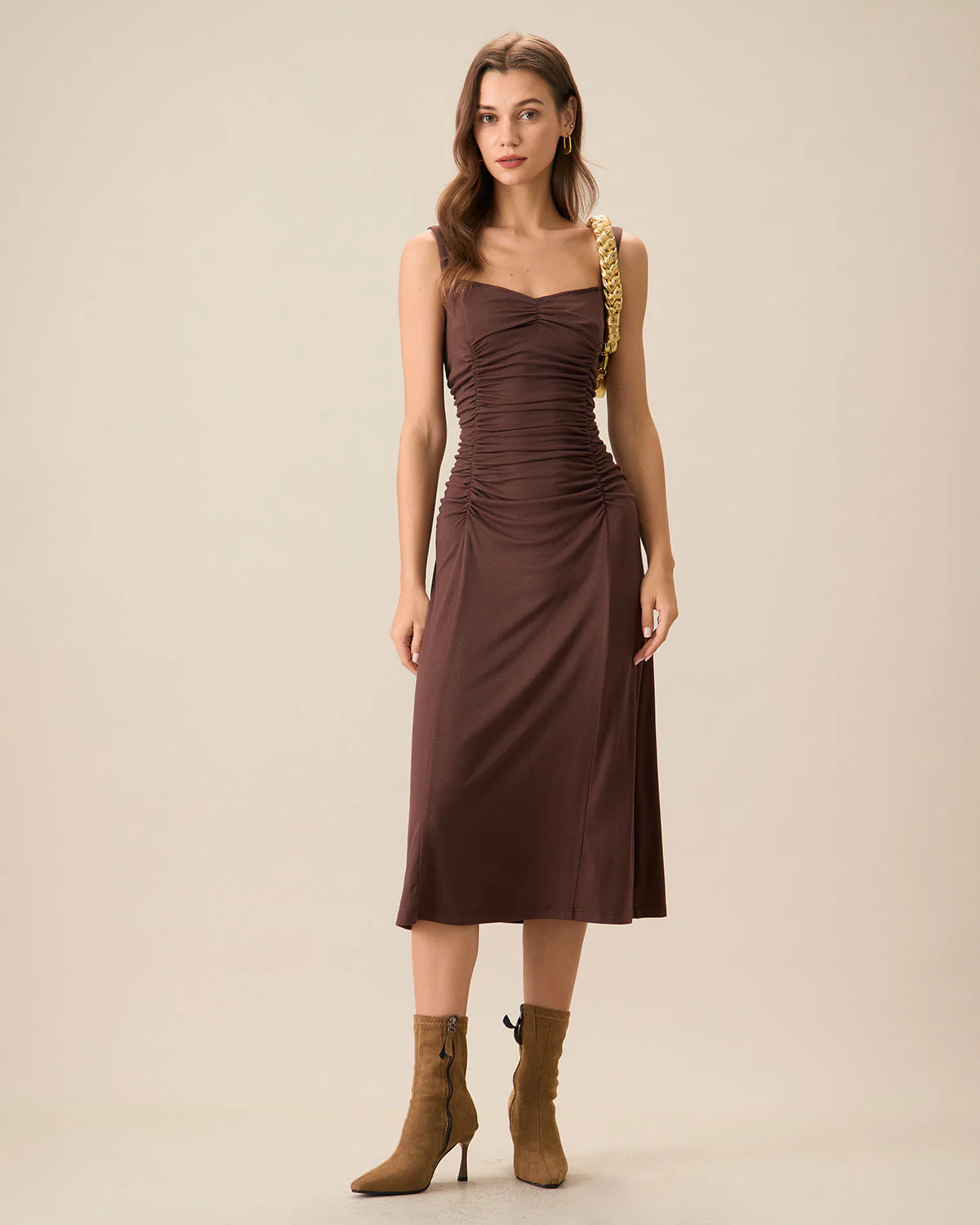 Women's Coffee Ruched Knitted Slip Midi Dress - Image 3