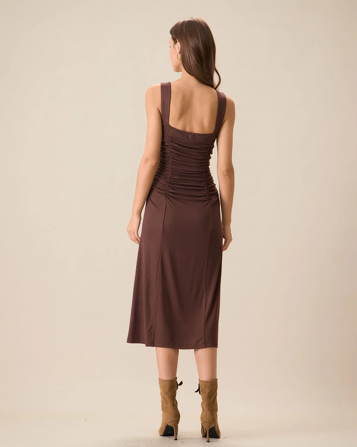 Women's Coffee Ruched Knitted Slip Midi Dress - Image 4