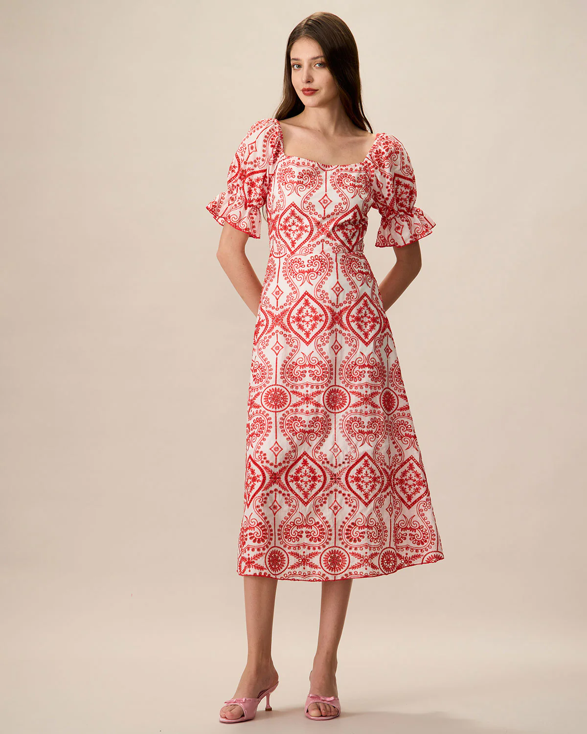 Women's Geometric Embroidery Ruffle Cotton Midi Dress - Image 3