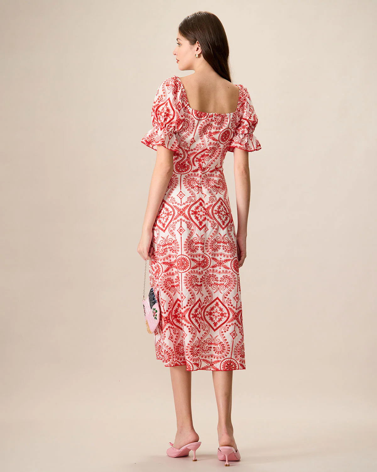 Women's Geometric Embroidery Ruffle Cotton Midi Dress - Image 4