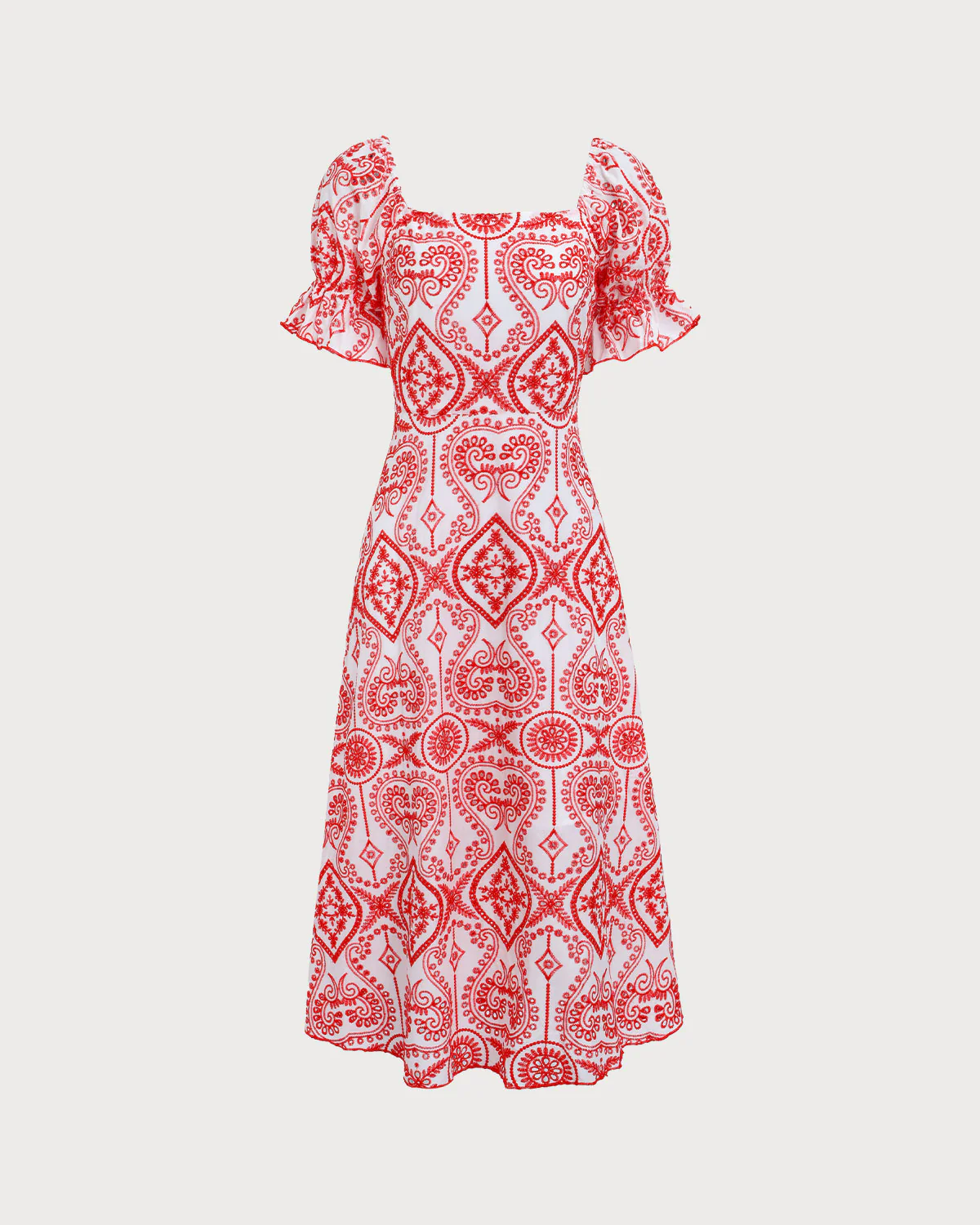 Women's Geometric Embroidery Ruffle Cotton Midi Dress - Image 5