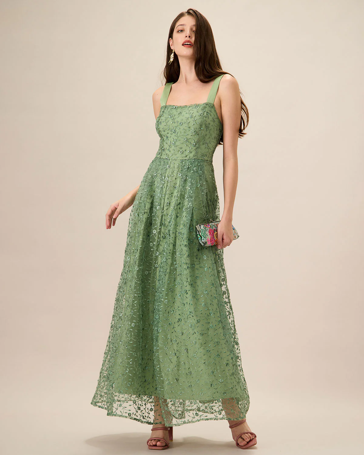 Women's Green Embroidery Mesh Slip Maxi Dress - Image 3