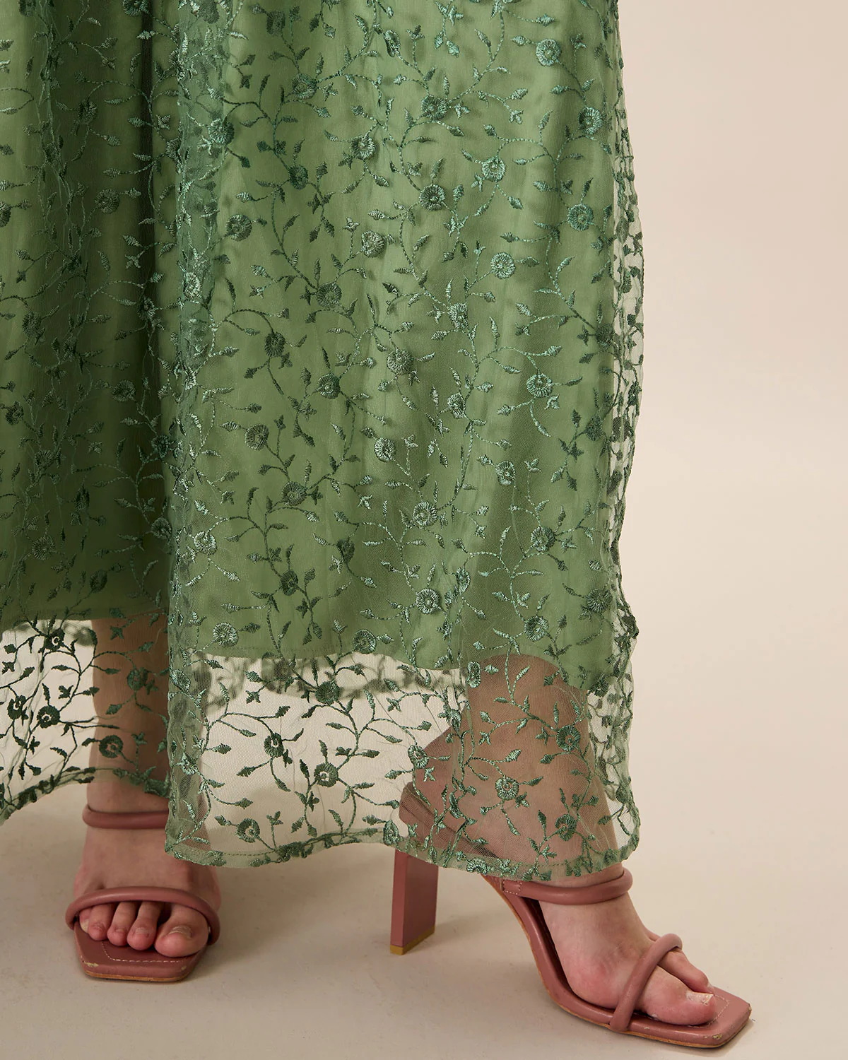 Women's Green Embroidery Mesh Slip Maxi Dress - Image 4