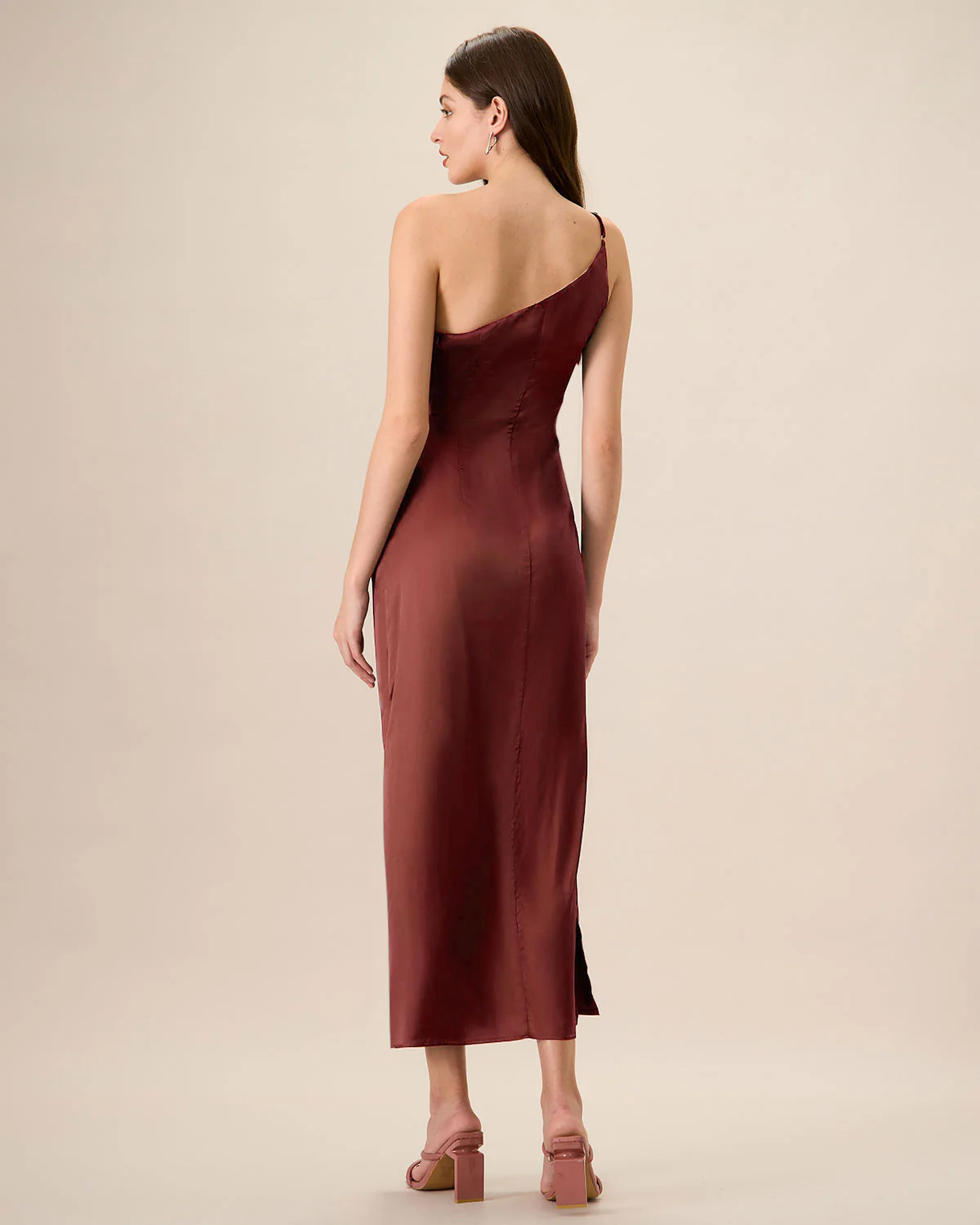 Red One-shoulder Satin Maxi Dress - Image 4