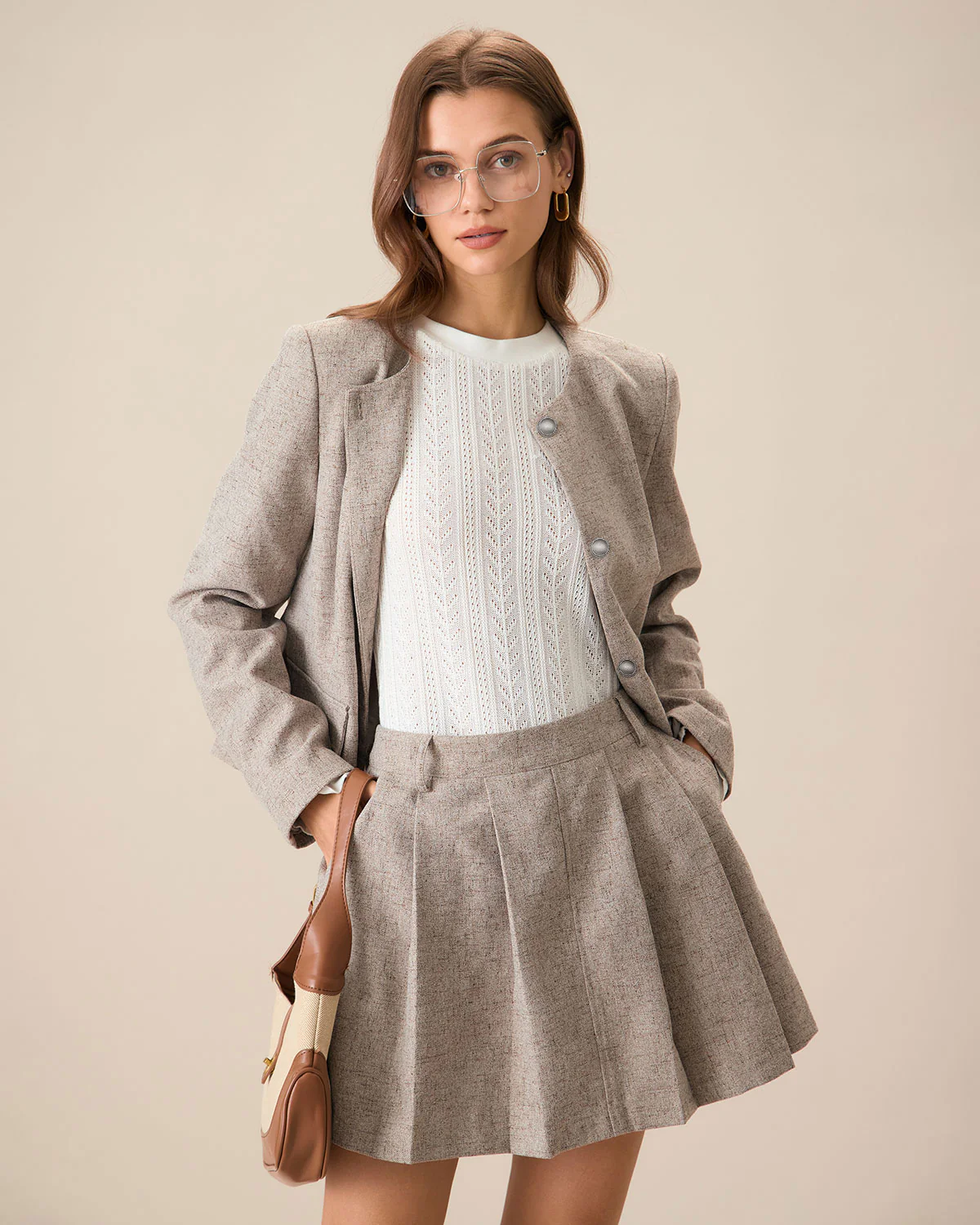 Round Neck Khaki Single-Breasted Jacket - Image 3