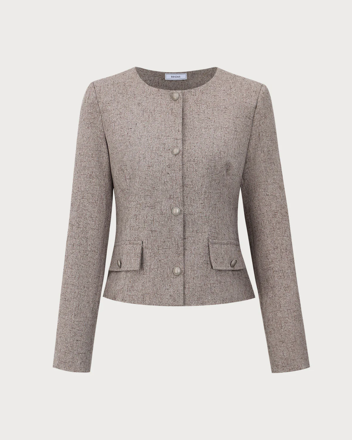 Round Neck Khaki Single-Breasted Jacket - Image 6