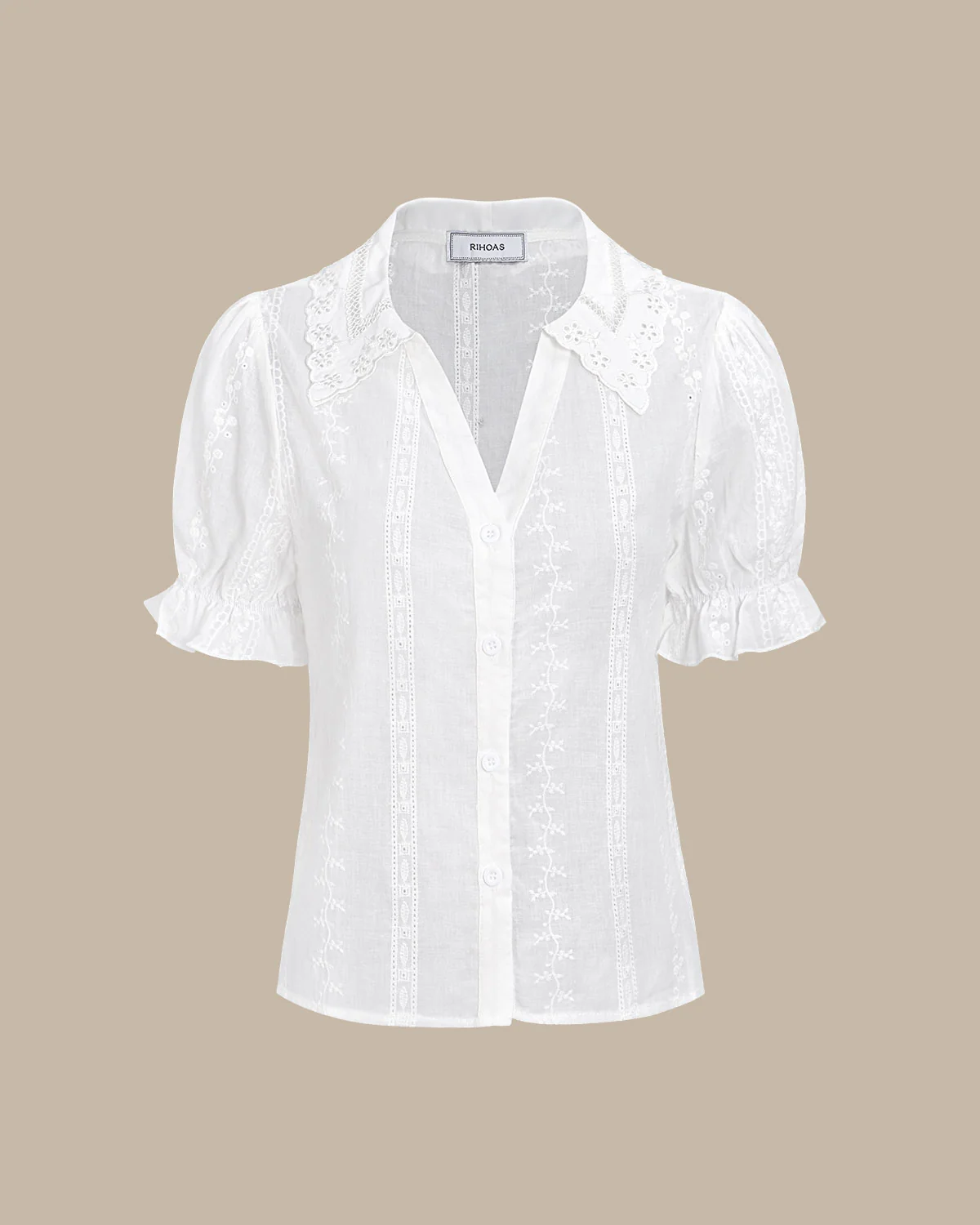 Women's White Collared Lace Embroidery Cotton Blouse - Image 5