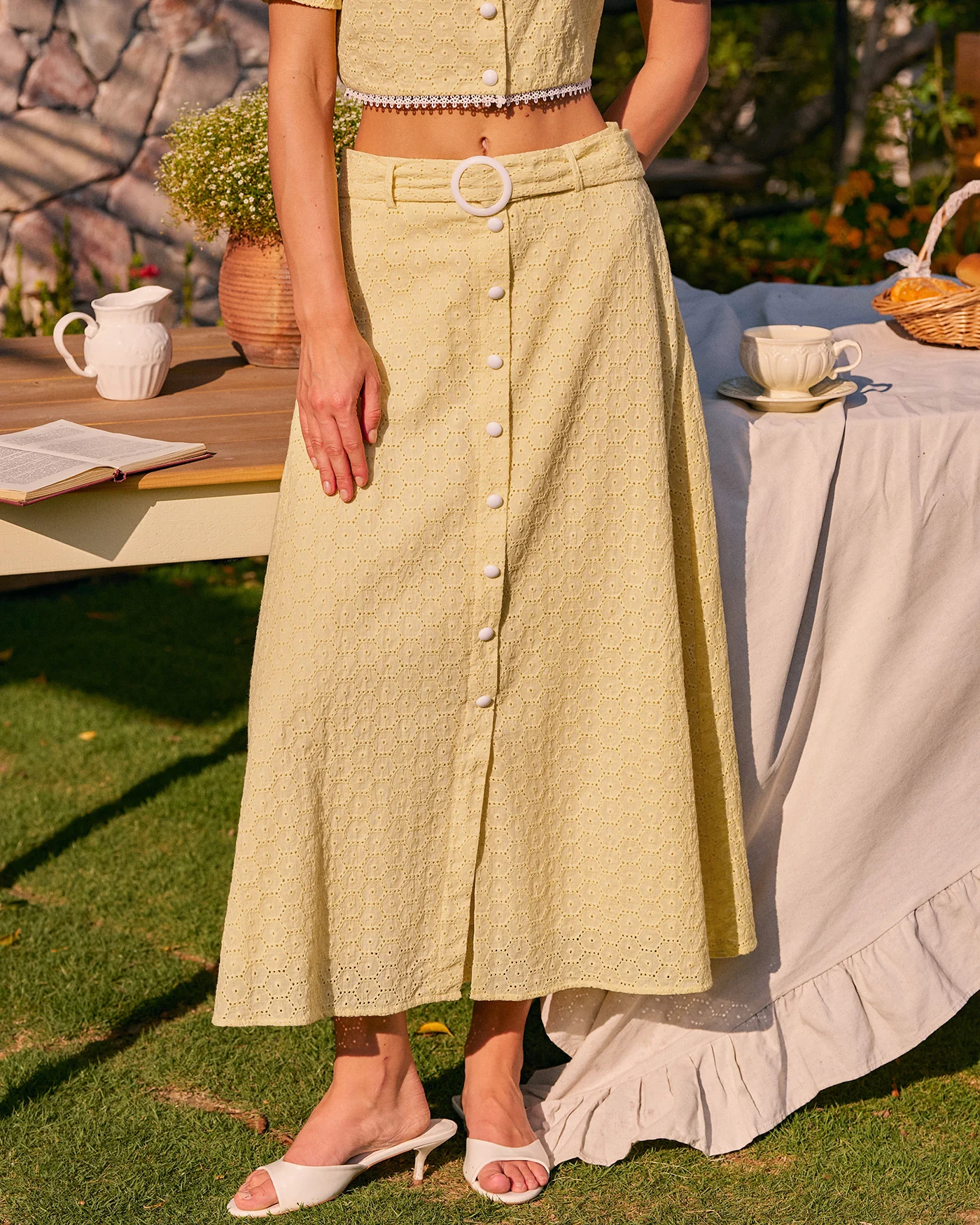 Yellow Embroidery Button Midi Skirt - Image 5