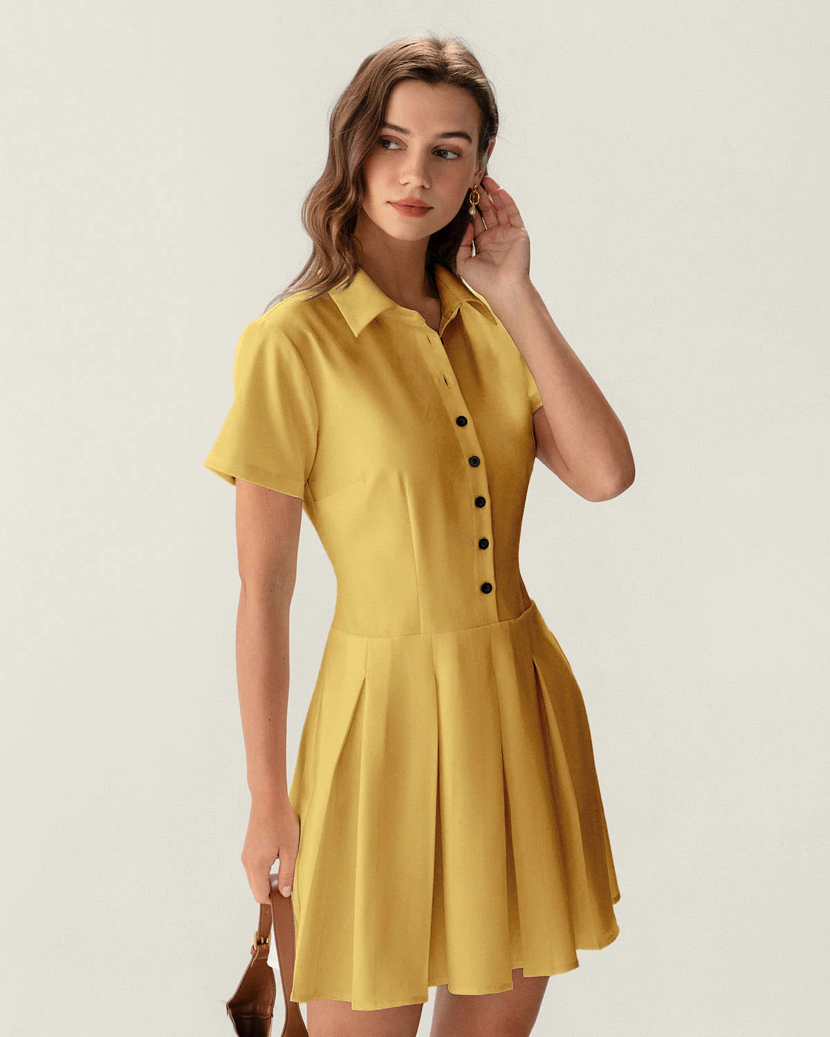 Yellow Button Pleated Mini Dress - Image 4