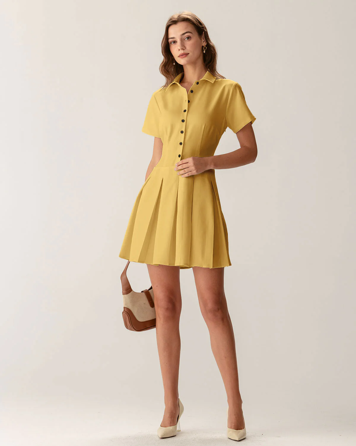 Yellow Button Pleated Mini Dress - Image 6