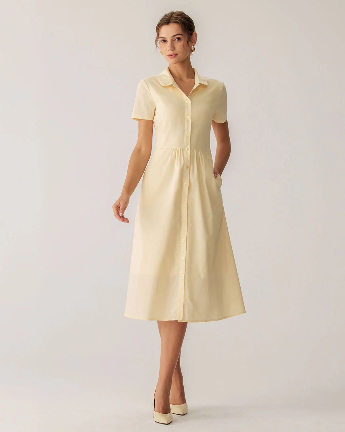 Yellow Button Short Sleeve Midi Dress - Image 3