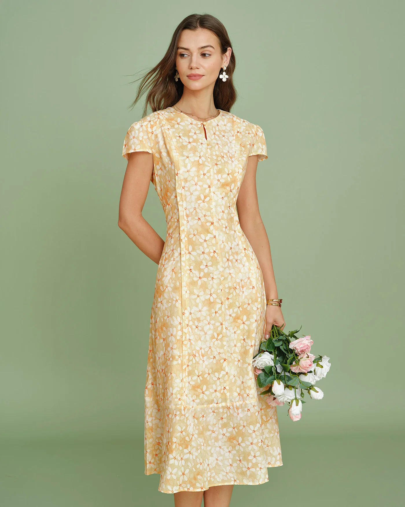 Yellow Cap Sleeve Floral Midi Dress - Image 3