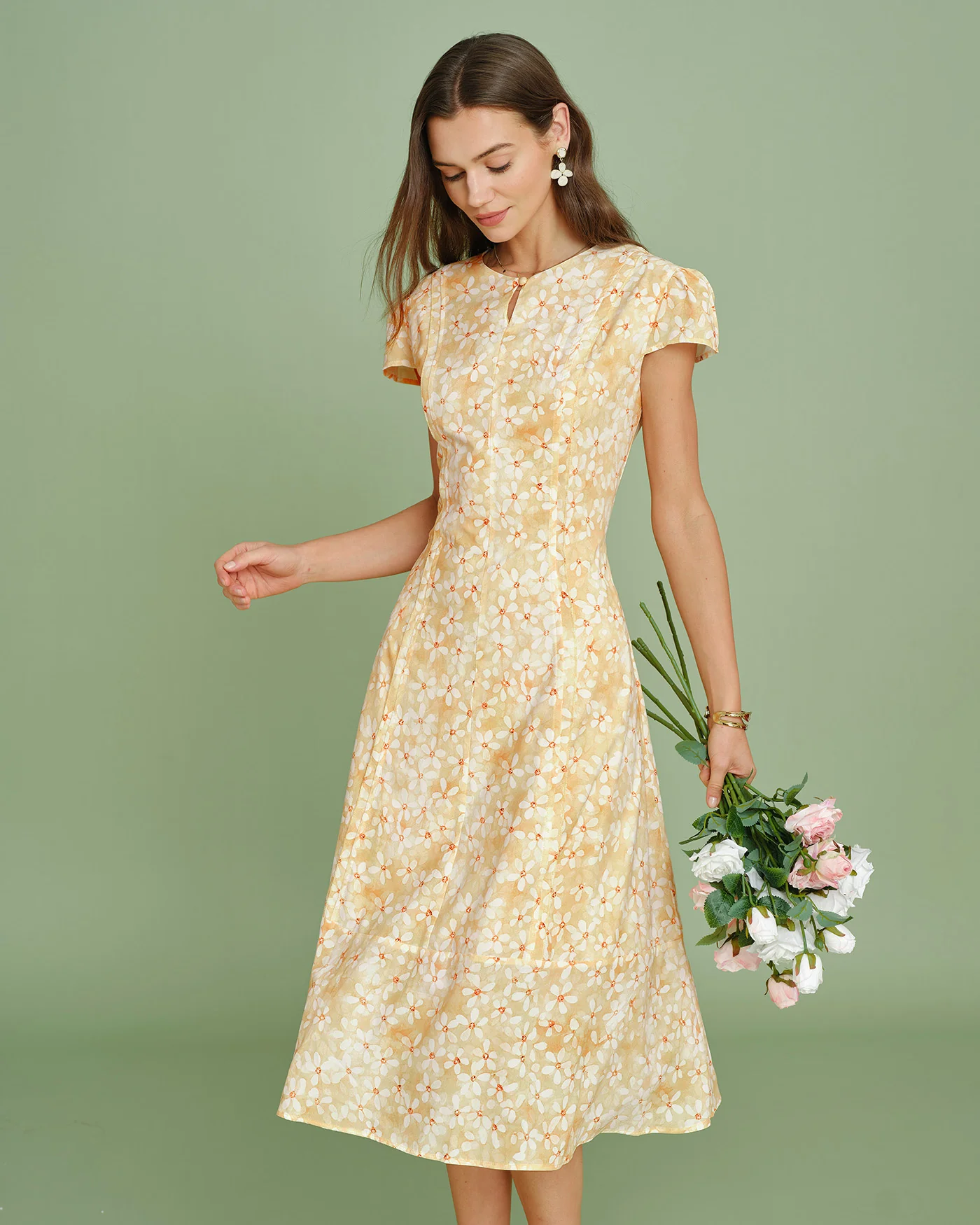 Yellow Cap Sleeve Floral Midi Dress - Image 4