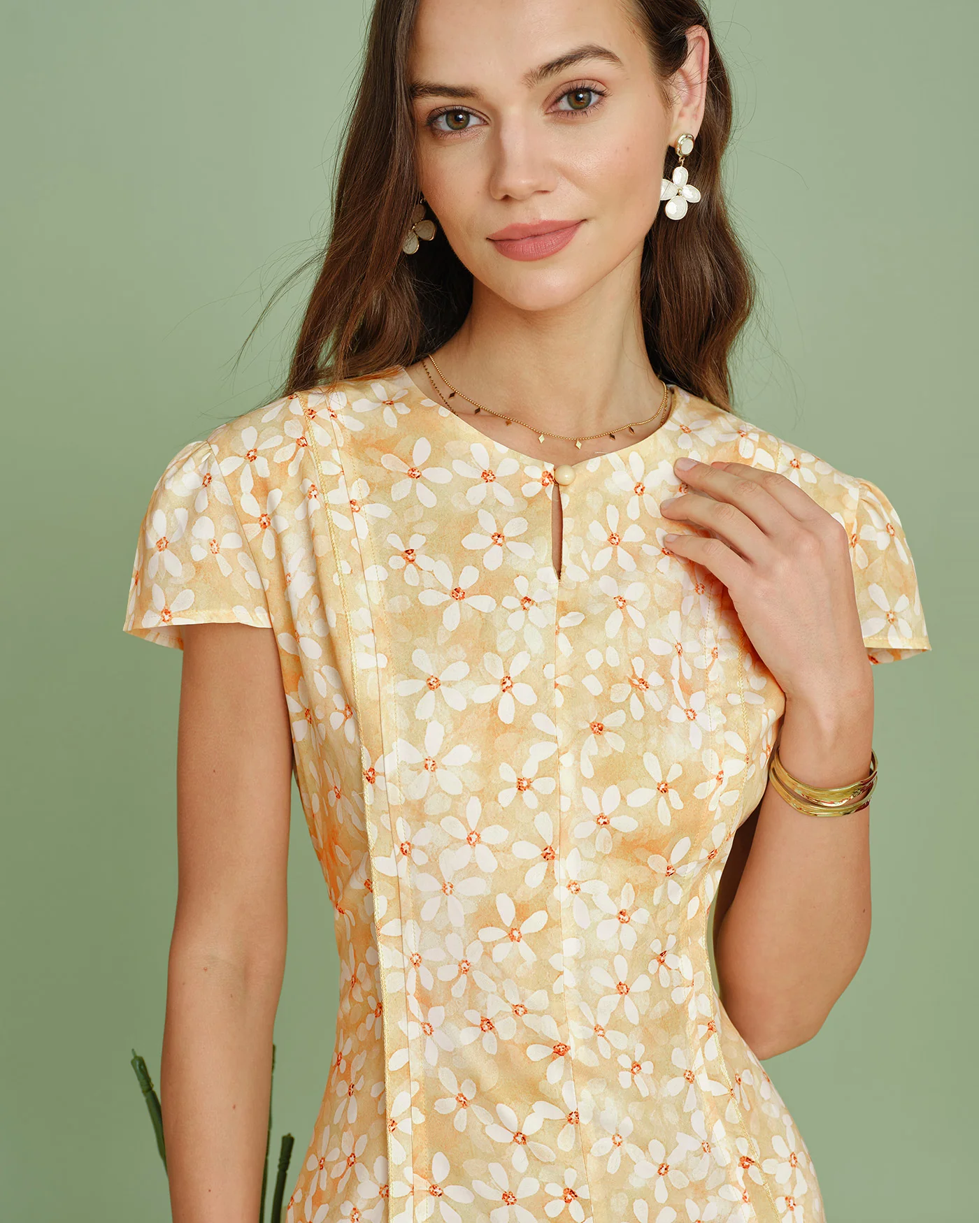 Yellow Cap Sleeve Floral Midi Dress - Image 5