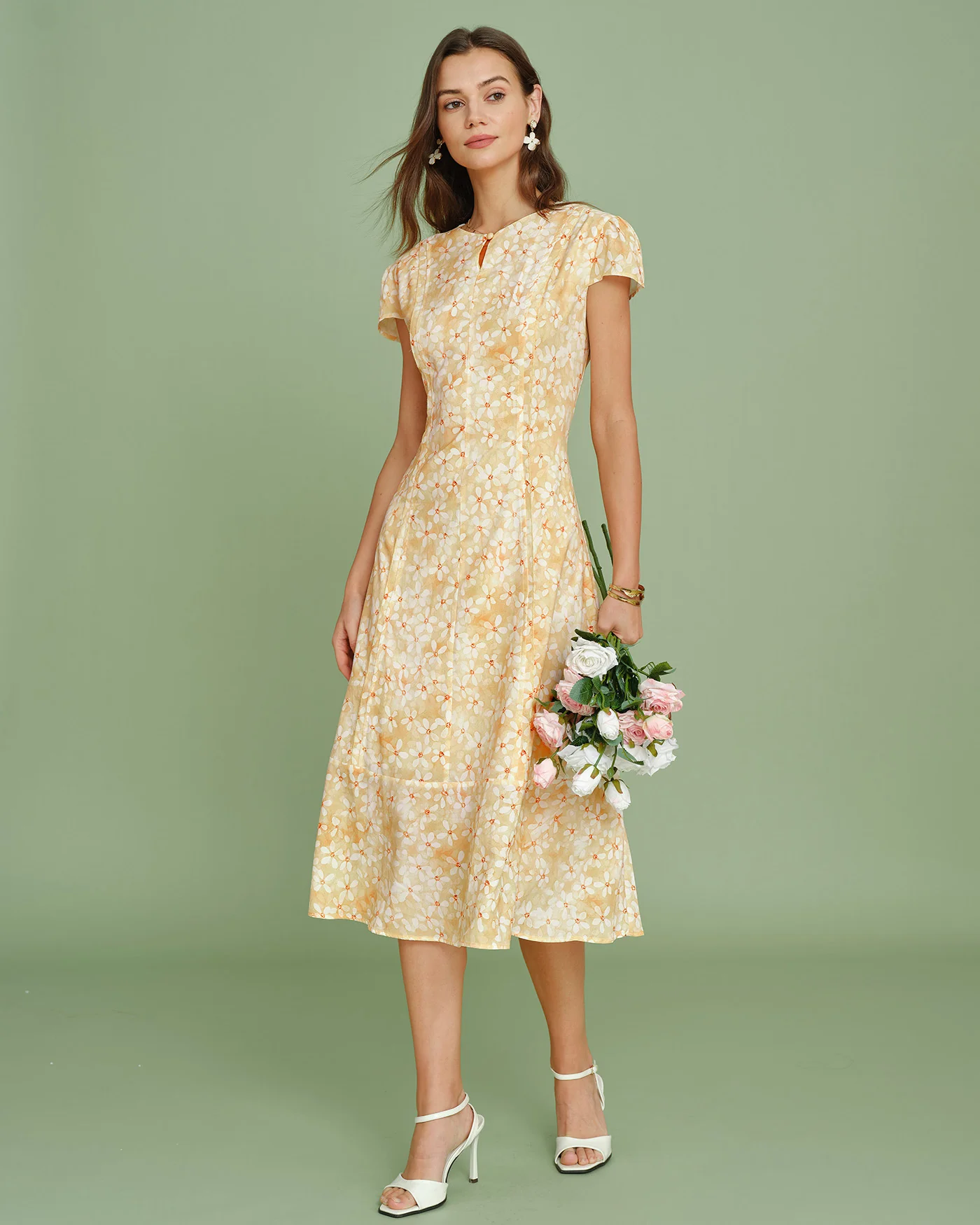 Yellow Cap Sleeve Floral Midi Dress - Image 6
