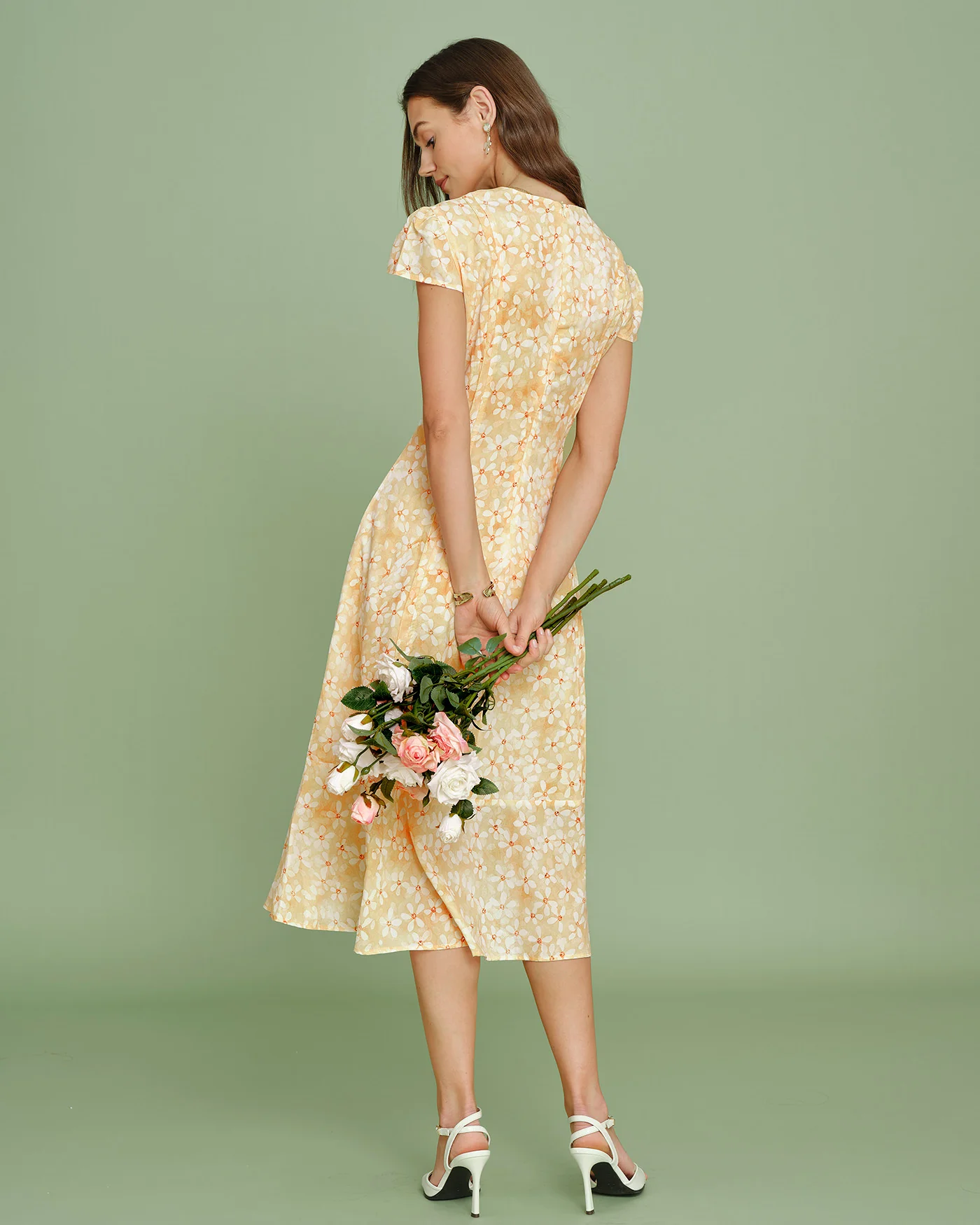 Yellow Cap Sleeve Floral Midi Dress - Image 8