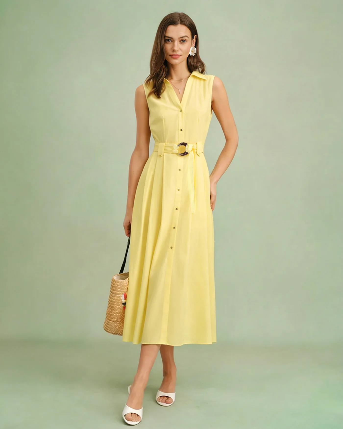 Yellow Collar Belt Button Midi Dress - Image 3