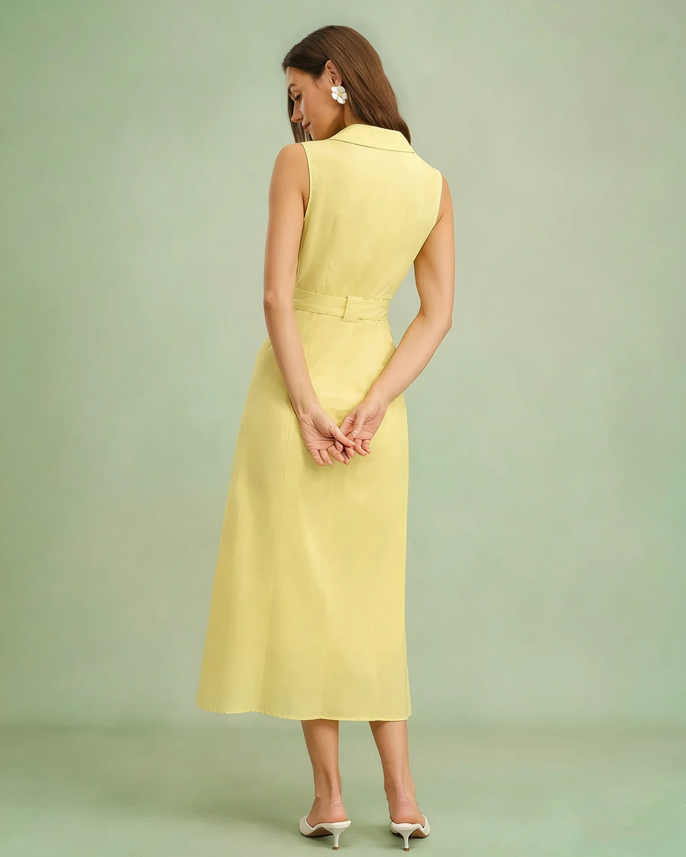 Yellow Collar Belt Button Midi Dress - Image 4