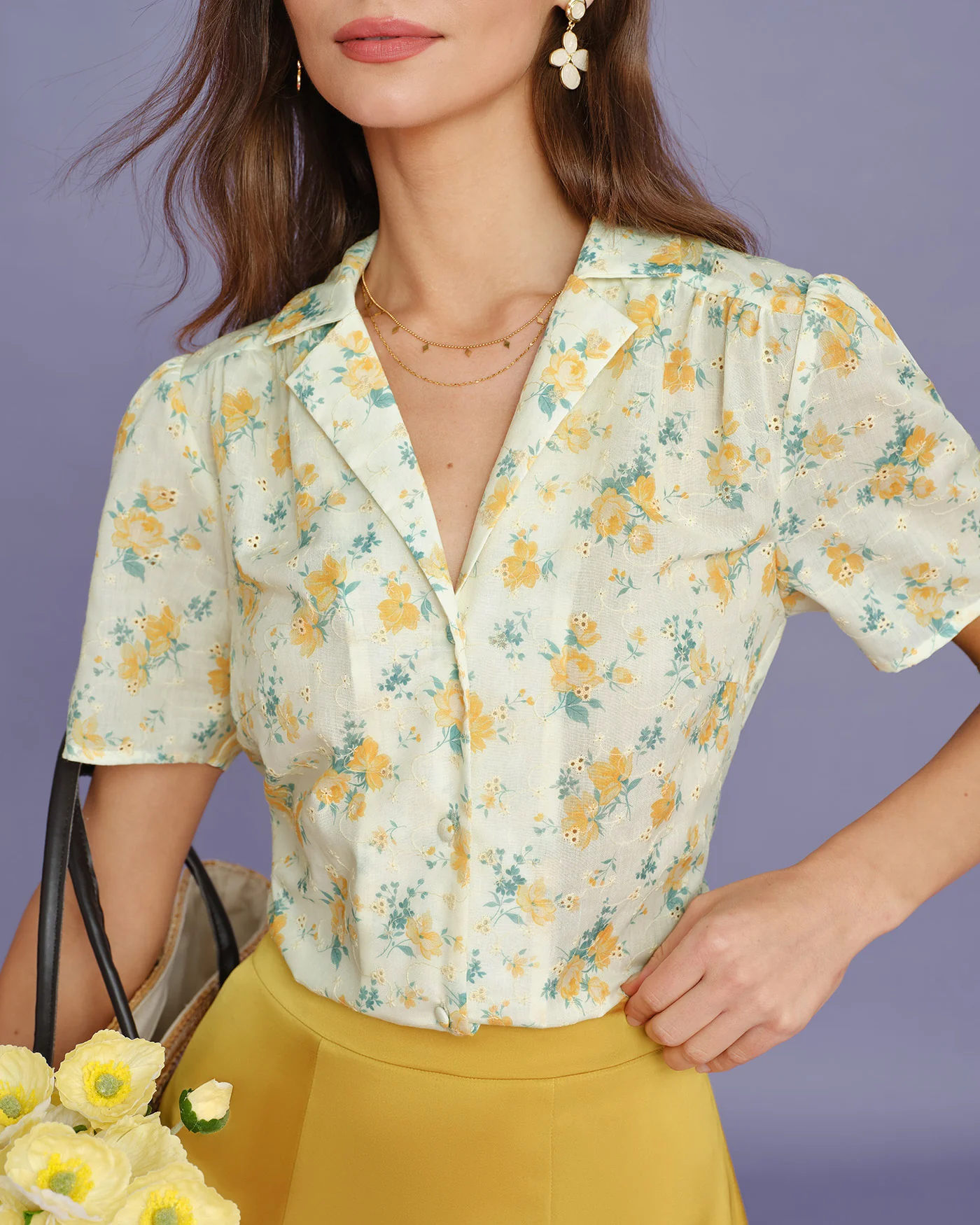 Yellow Collar Puffed Sleeve Floral Blouse - Image 2