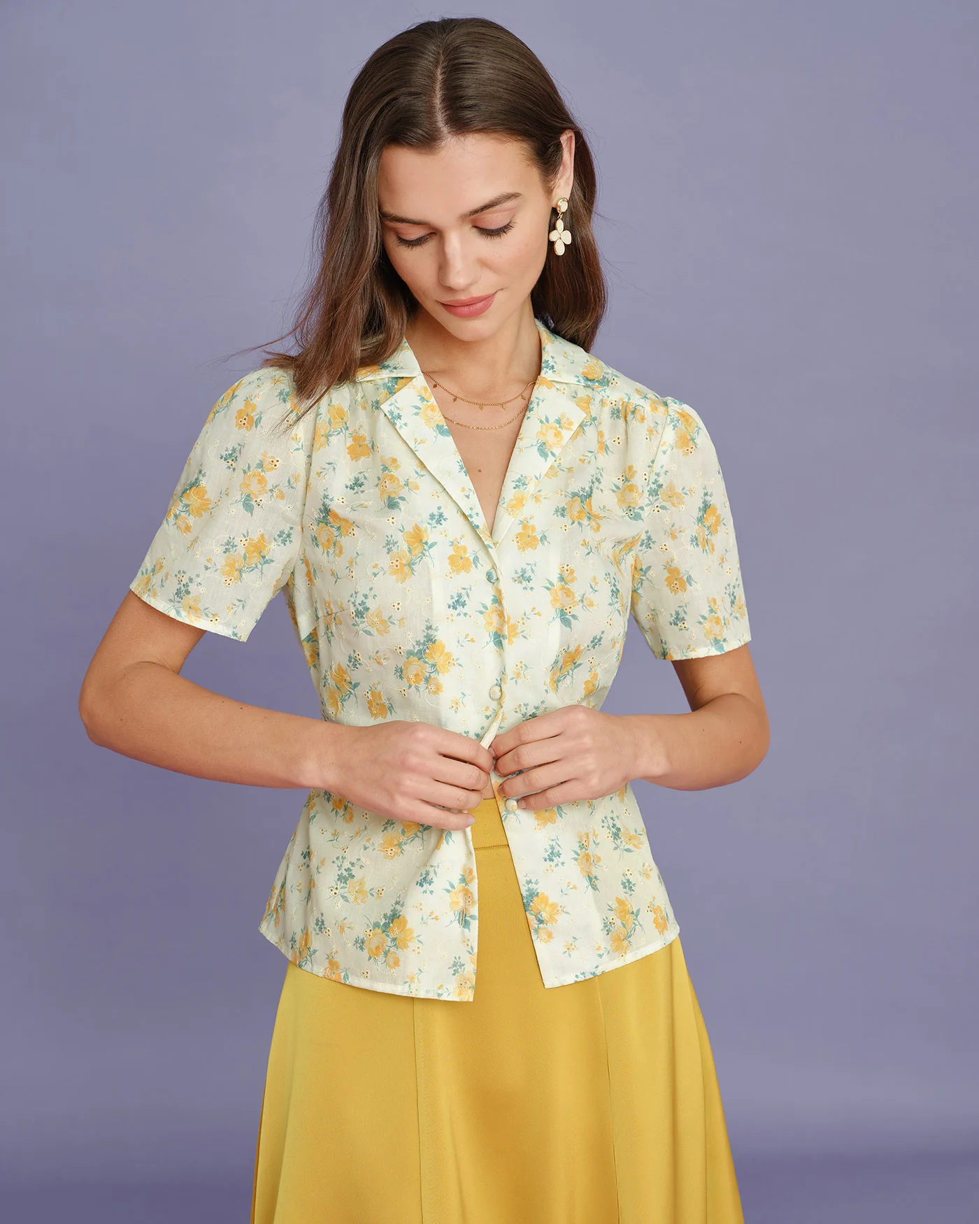 Yellow Collar Puffed Sleeve Floral Blouse - Image 3