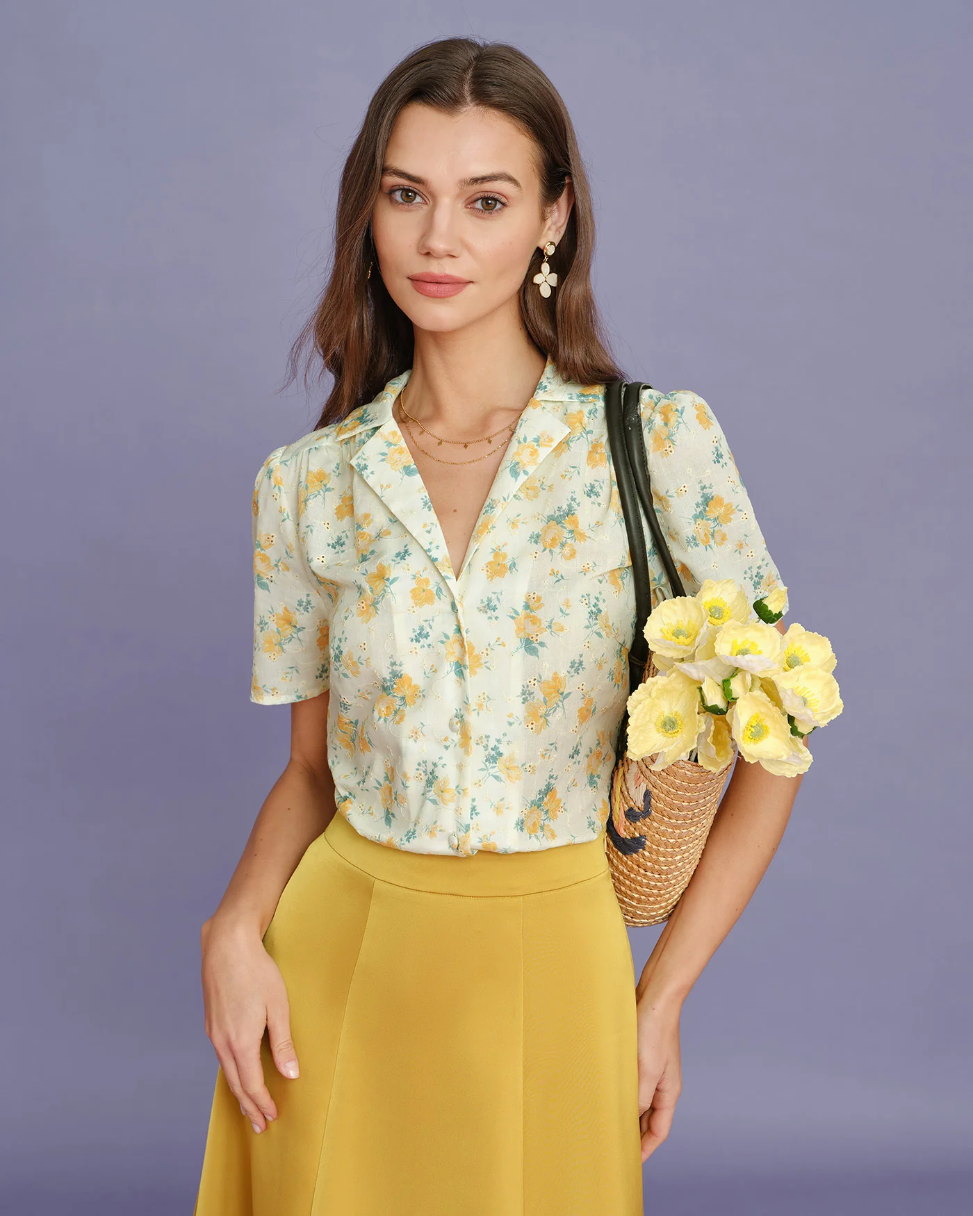 Yellow Collar Puffed Sleeve Floral Blouse - Image 4