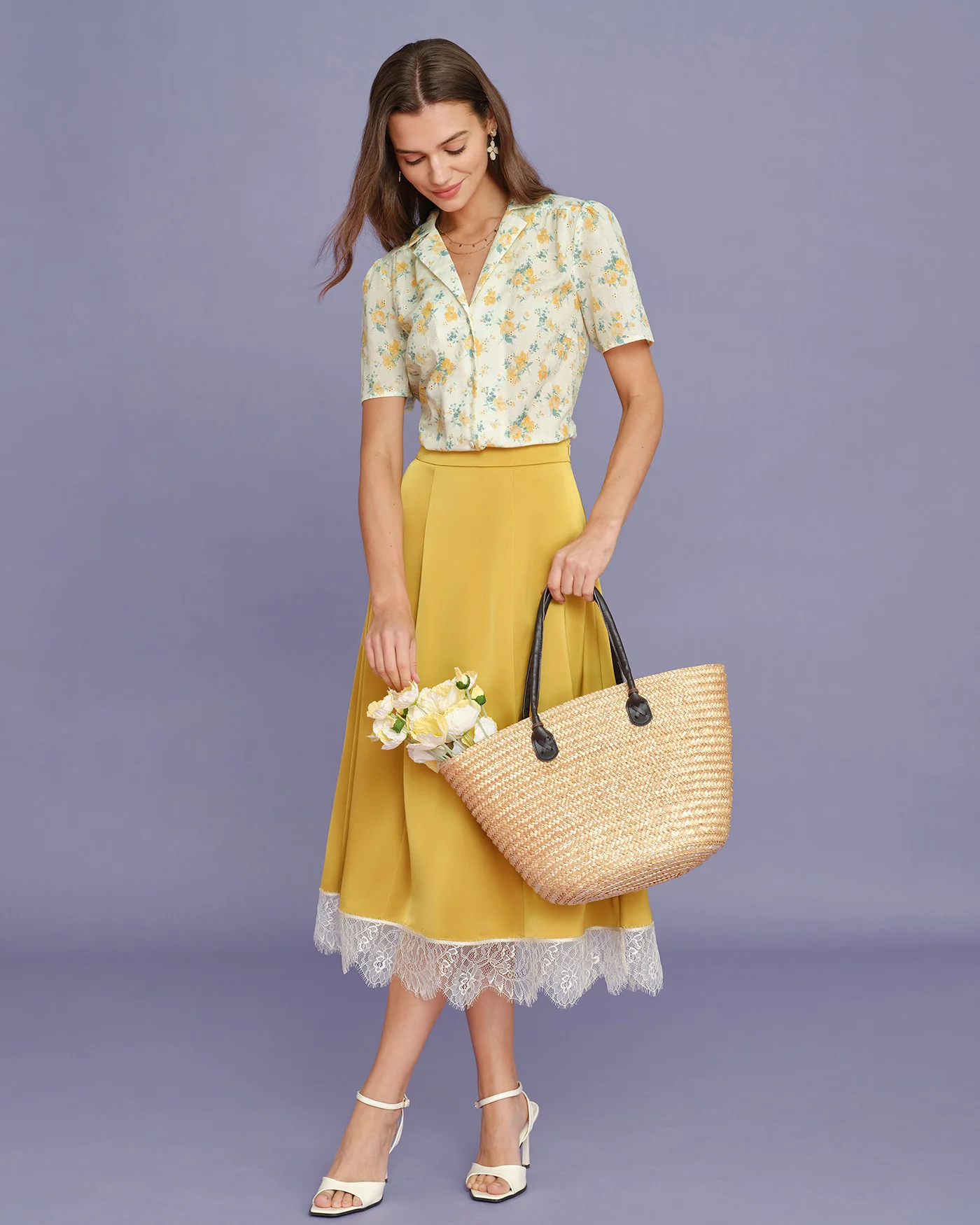 Yellow Collar Puffed Sleeve Floral Blouse - Image 5