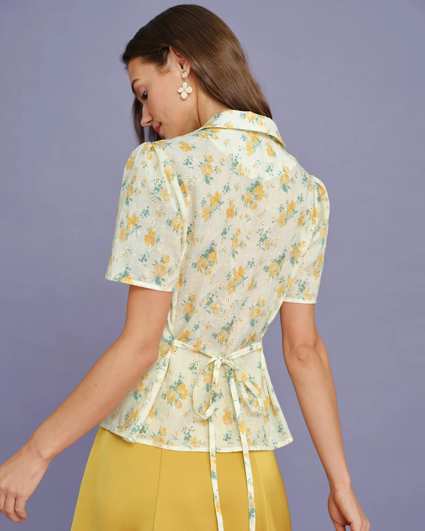 Yellow Collar Puffed Sleeve Floral Blouse - Image 6