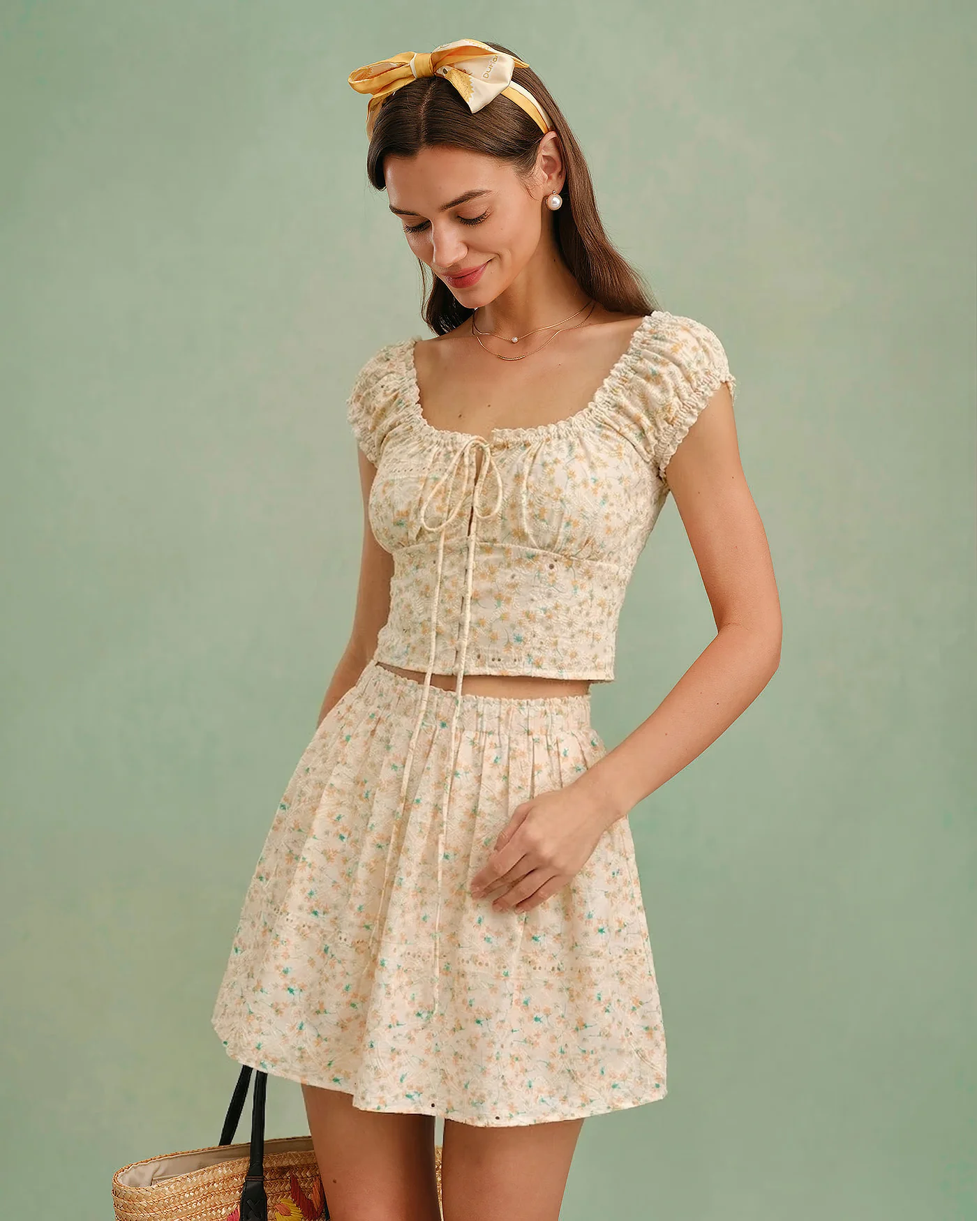 Yellow Embroidery Floral Mini Skirt - Image 3