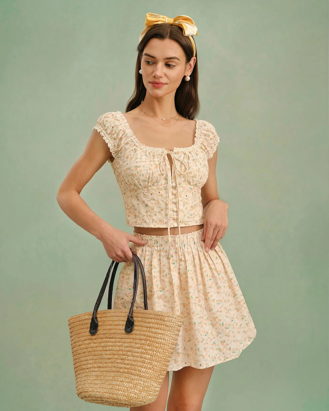 Yellow Embroidery Floral Mini Skirt - Image 4