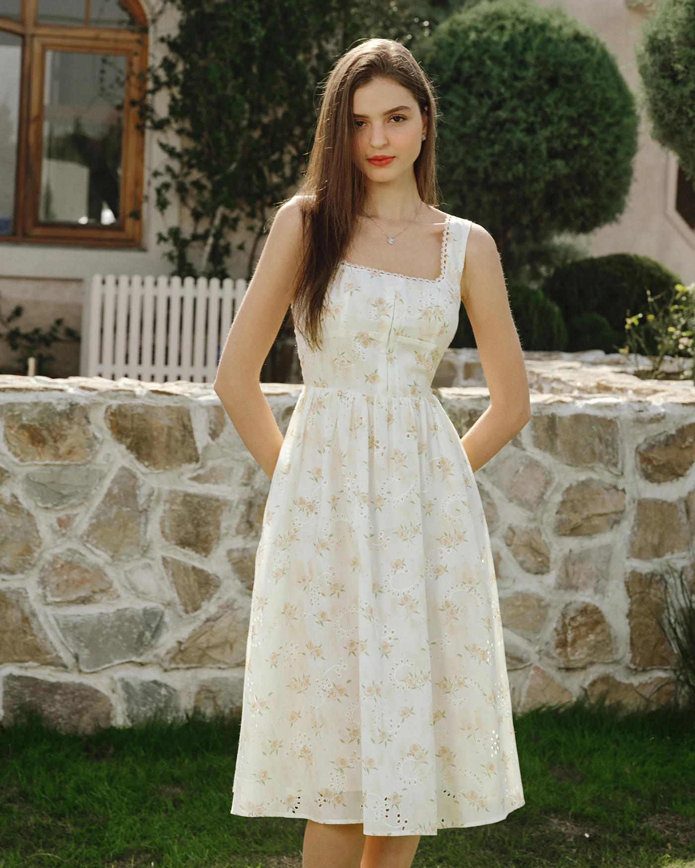 Yellow Floral Ruched Midi Dress - Image 2