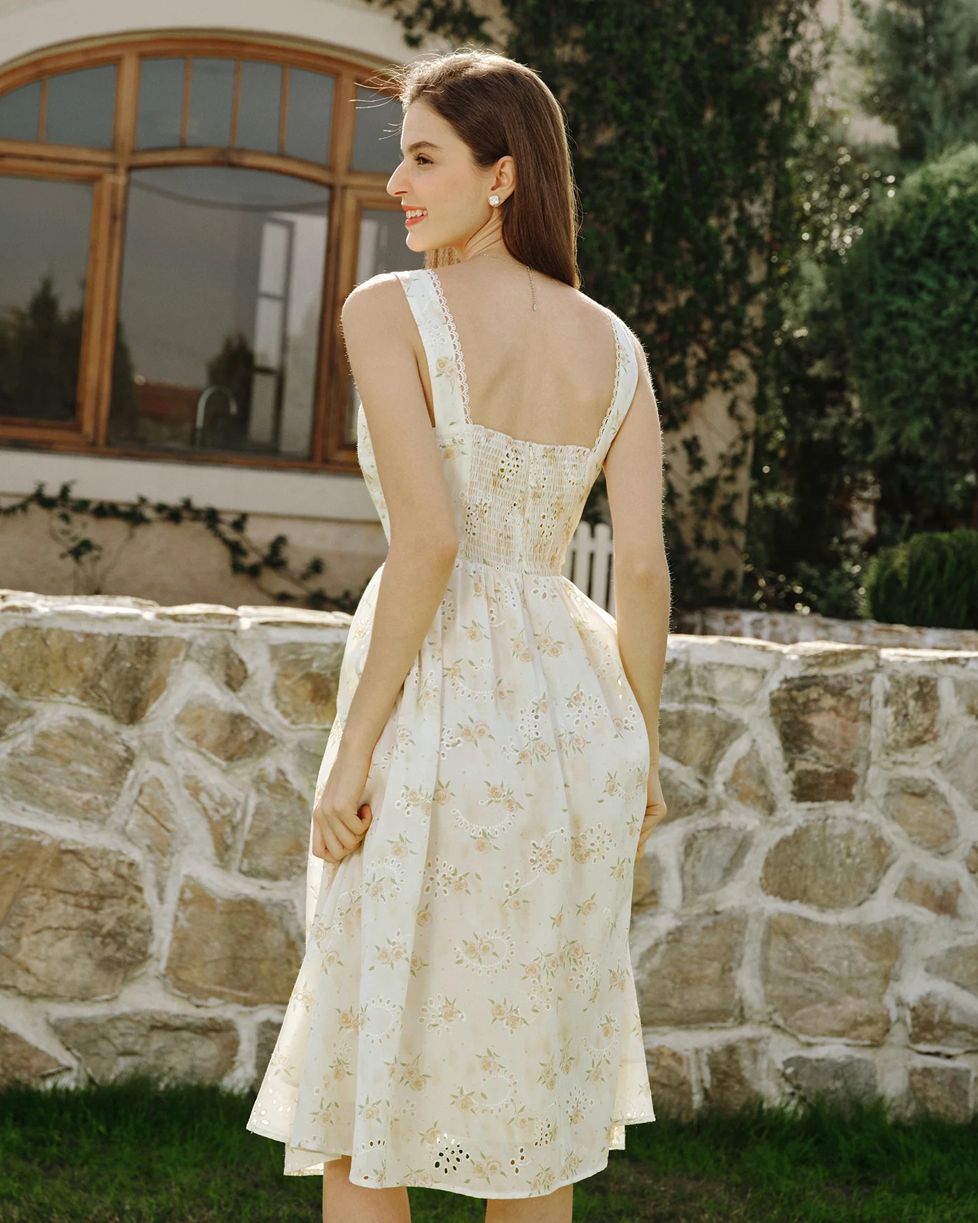Yellow Floral Ruched Midi Dress - Image 4