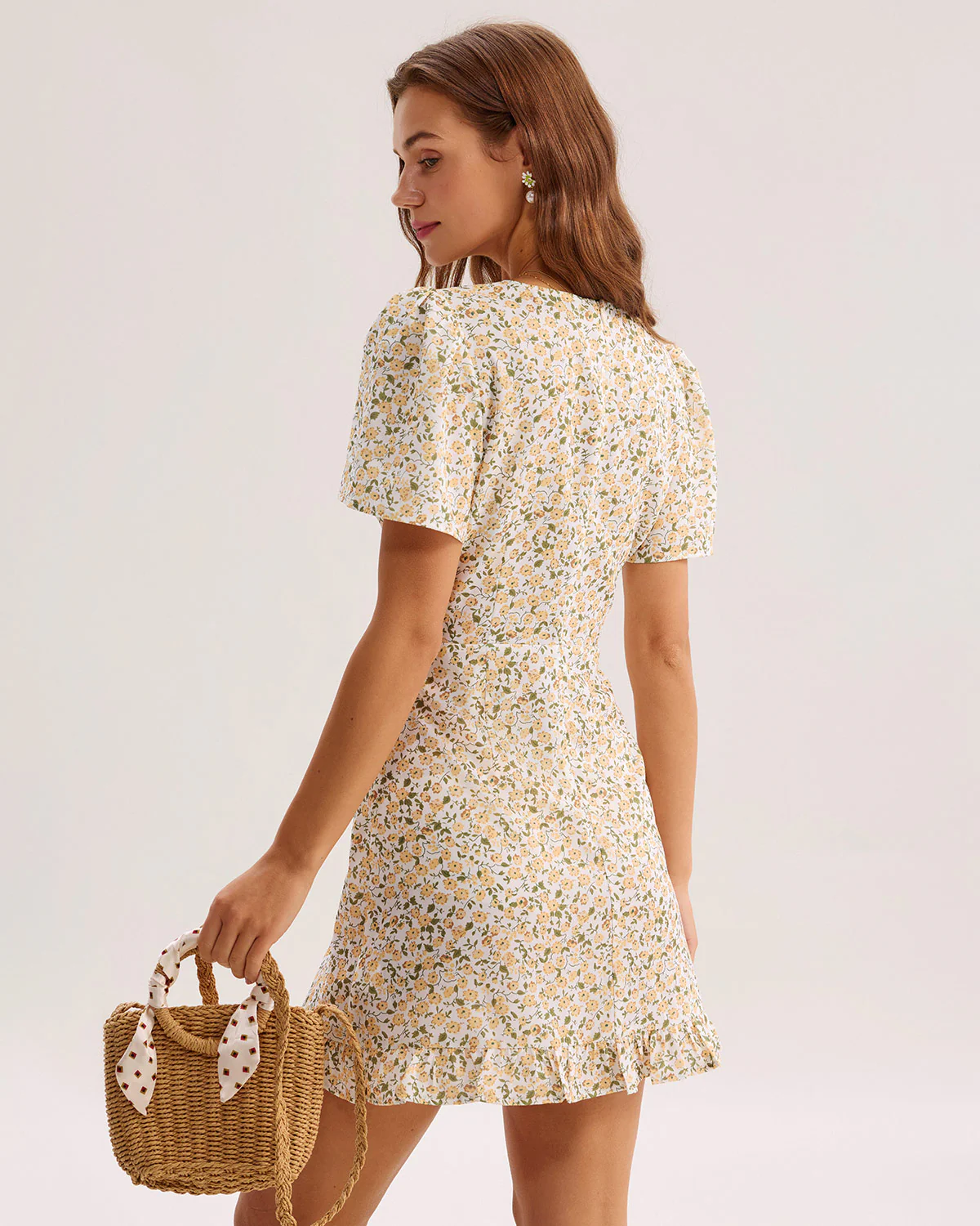 Yellow Floral V-Neck Mini Dress - Image 5