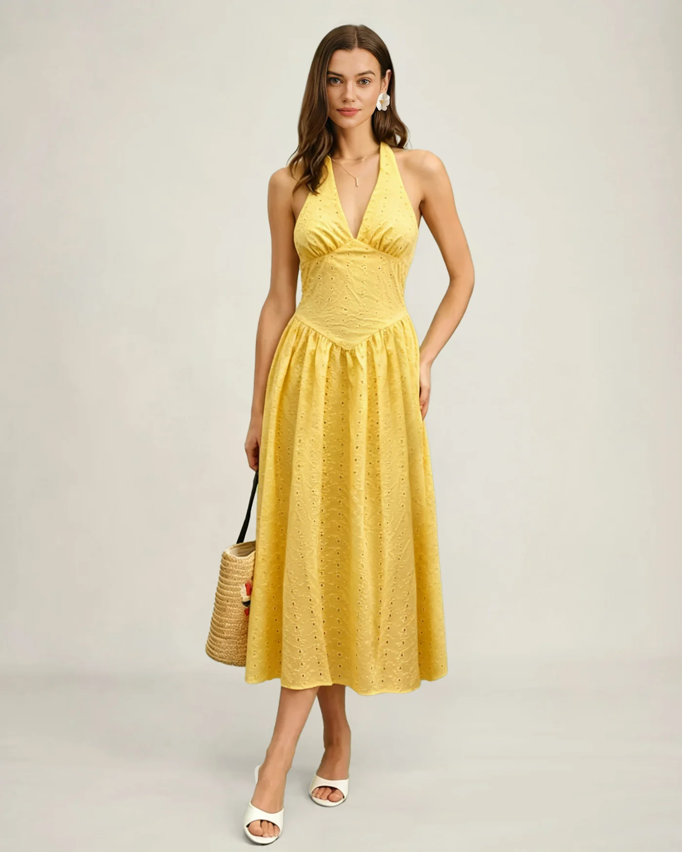 Yellow Halter Cut Out Textured Maxi Dress - Image 3