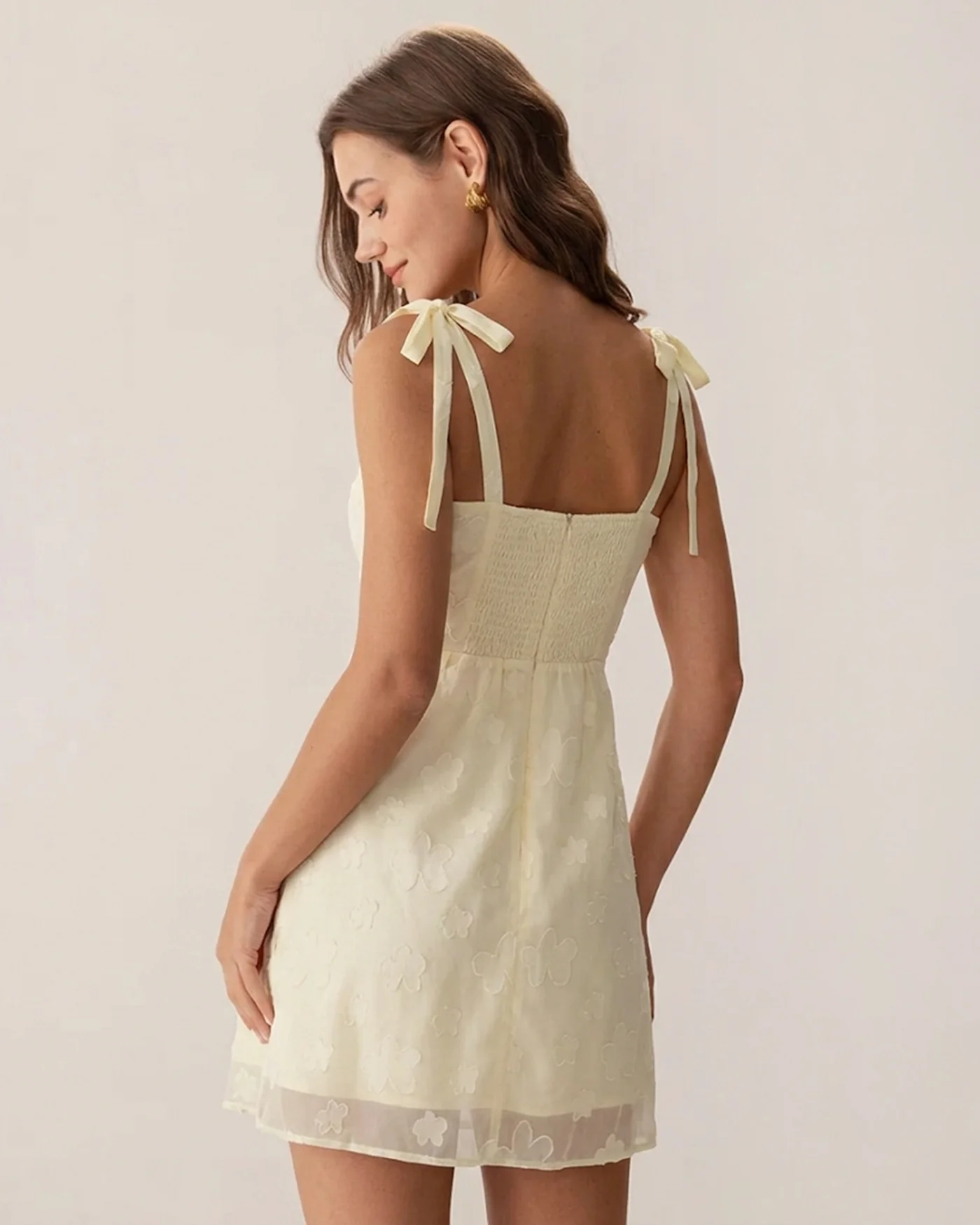 Yellow Jacquard Tie Strap Mini Dress - Image 3