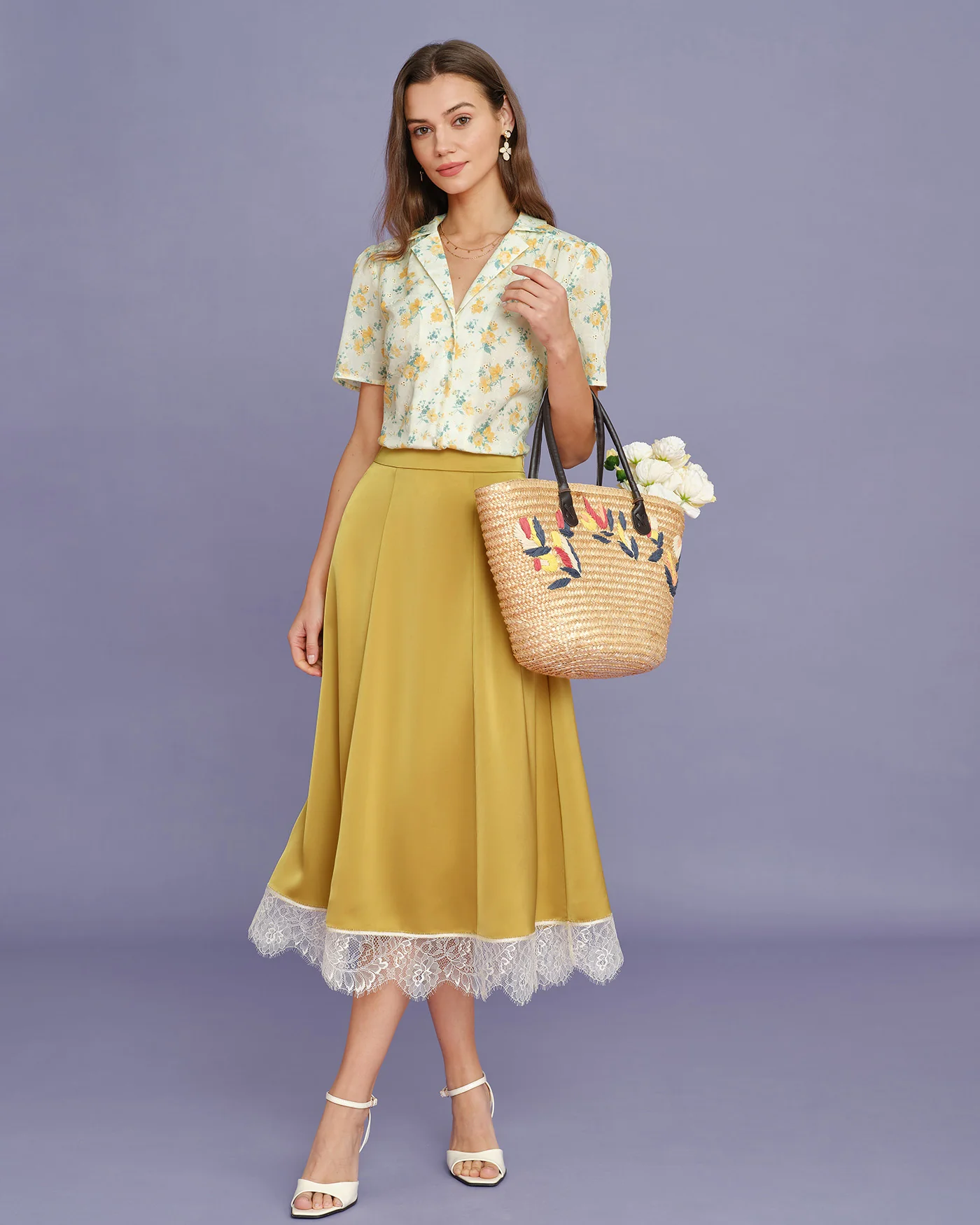 Yellow Lace Satin Midi Skirt - Image 2