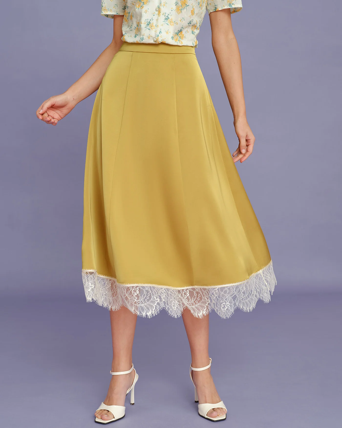 Yellow Lace Satin Midi Skirt - Image 3